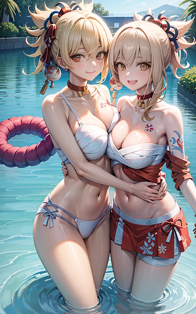 Two girls smiling in water in bathtub female showing navel, Vibrant color quality natural light, Chest to chest hugging each other big breast