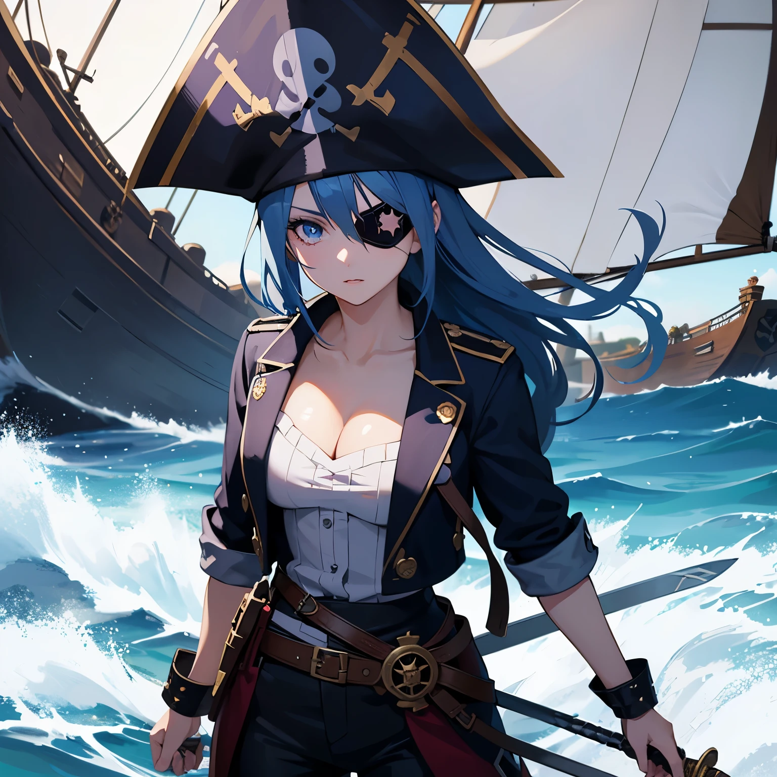 Anime girl, Blue Hair, Blue Eyes, Violet Pupil, Lighting Shape Pupil, Eyepatch, Pirate Outfit, Pirate Hat, Hold up Bone Sword, Standing On Pirate Ship, Day, Sea, Facing Away, Spirit Face, Realistic Light, Best Quality, 8K
