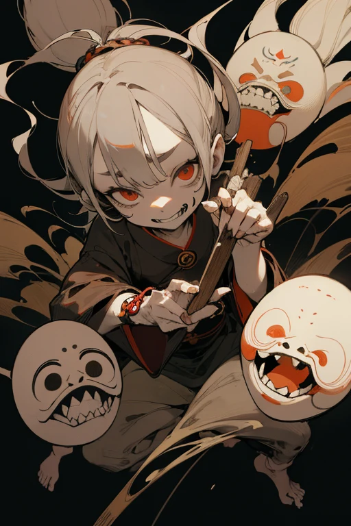 black background, ((yokai)), bugaboo, Chojugiga, Shihon Bokuga, (eerie), rough sketch, (Clear), (obvious), (masterpiece), (high resolution), (super delicate), (8k), full body, (horror elements), eerie worldview, anthropomorphism, Sumi-e, Japanese painting, (primitive art), old picture scroll style, old staging, Ancient mural style, Crazy illustrations, flat illustration, antique, Dark atmosphere, doll-like face, horror factor, Crazy smile, spooky look, Outline warm color, personification of junk, Distinctive hair style, Creative accessories, individualistic atmosphere