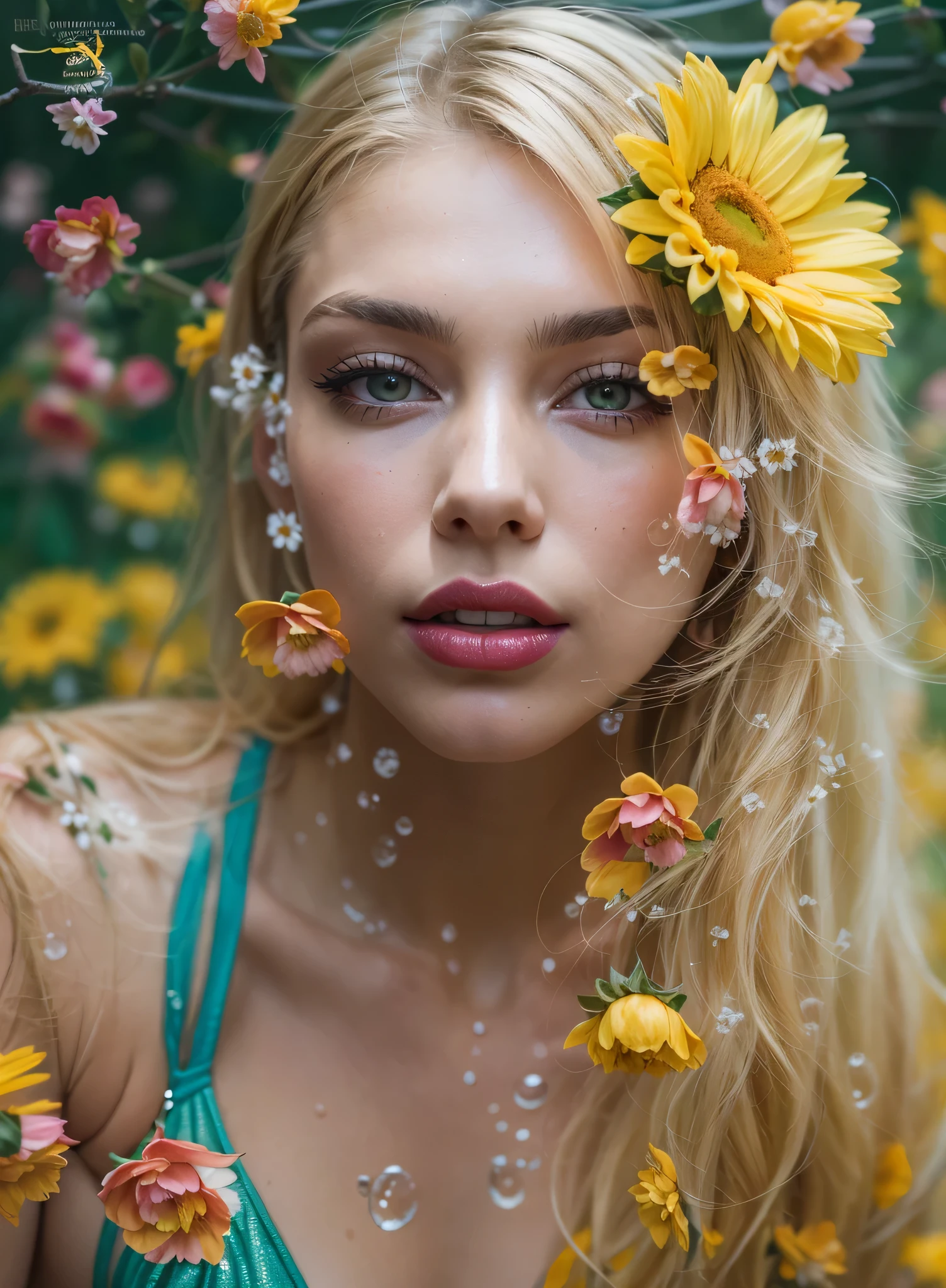 (photorealistic:1.4),8k(Face Focus: 1.1), (Yellow, blue: 1.3), ukrainian girl in a dress that is in the water, closeup fantasy with water magic, fine art fashion photography, sunflowers, roses, monia merlo, inspired by irakli nadar, inspired by irakli nadar, inspired by Franz Xaver Winterhalter, with blooming flowers around her, inspired by Tatiana Hordiienko, jean-sebastien rossbach, karol bak uhd, vynok, vyshyvanka bikni, pom-poms, roses, dreamy, seductive, (very young) (beautiful), blonde hair at length of chin, small breasts, tiny body, skinny body, petite body,, (transparent) (loose) (wet) (singlet) (see through), (no bra), (mini bikini) ,(transparent materials), (red lipstick), (seductive), (erotic), (flirty),(topless:1.5), (full body:1.5)