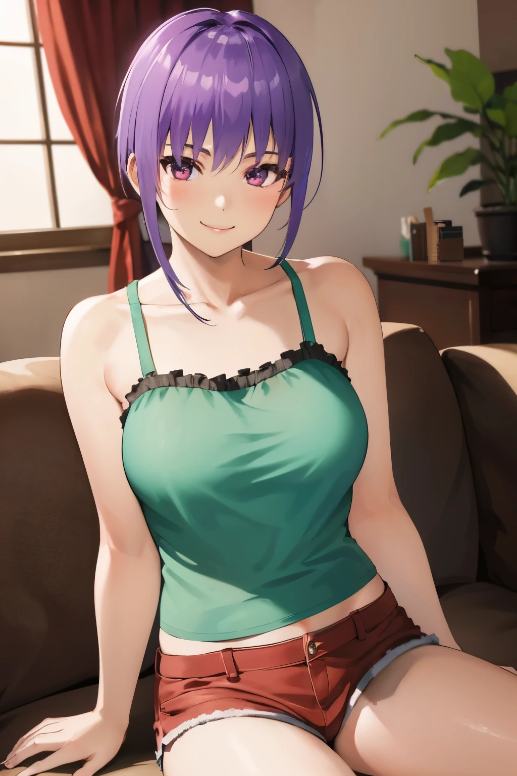 Ayane, 1girl in, A smile, livingroom,  10yaers old, elementary student, Camisole, hotpants