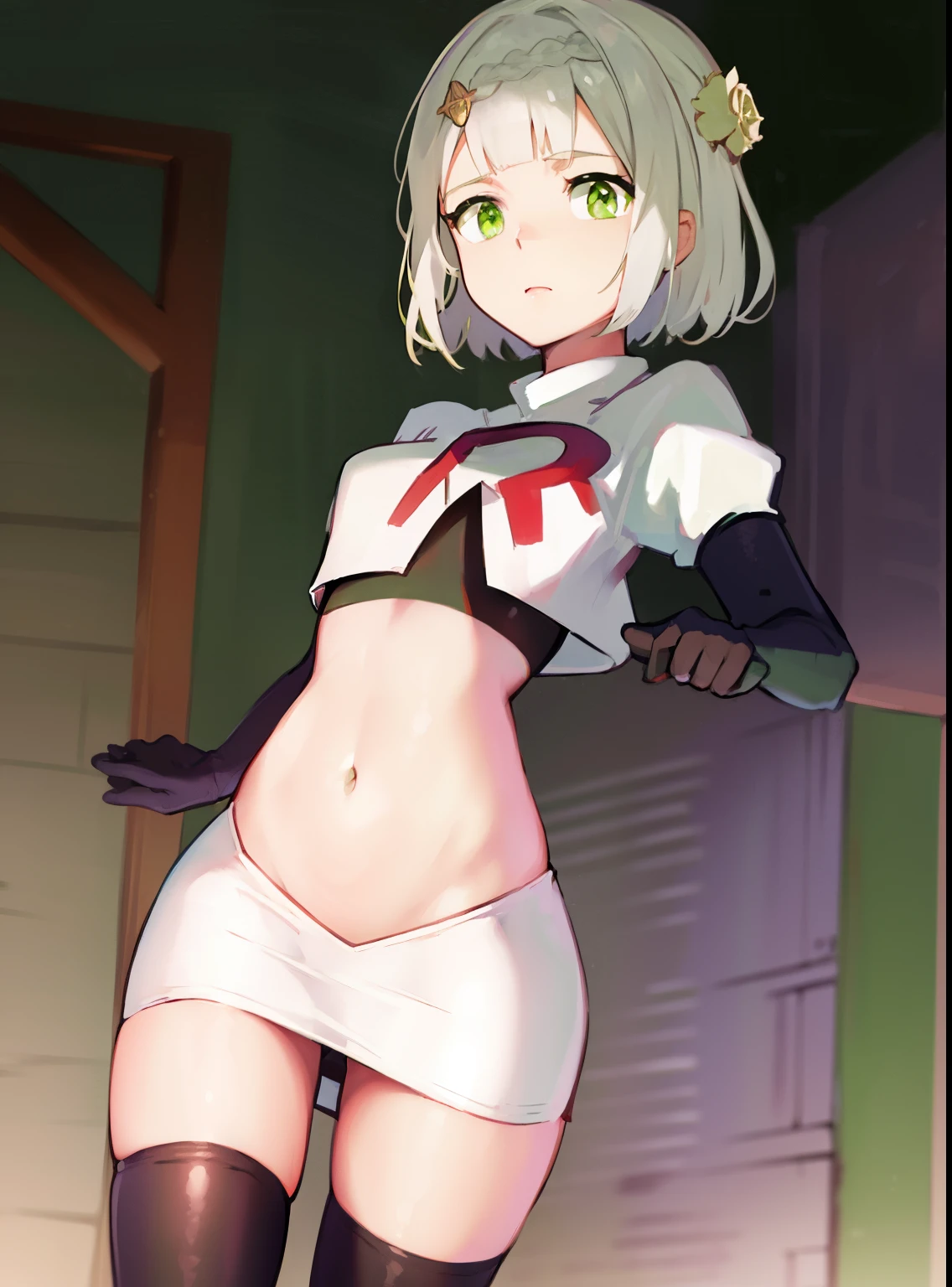 genshinnoelle, noelle, braid, flower, hair flower, hair ornament, short hair, silver hair, (green eyes:1.5),team rocket,team rocket uniform,white skirt,crop top,black thigh-high boots,black elbow gloves,