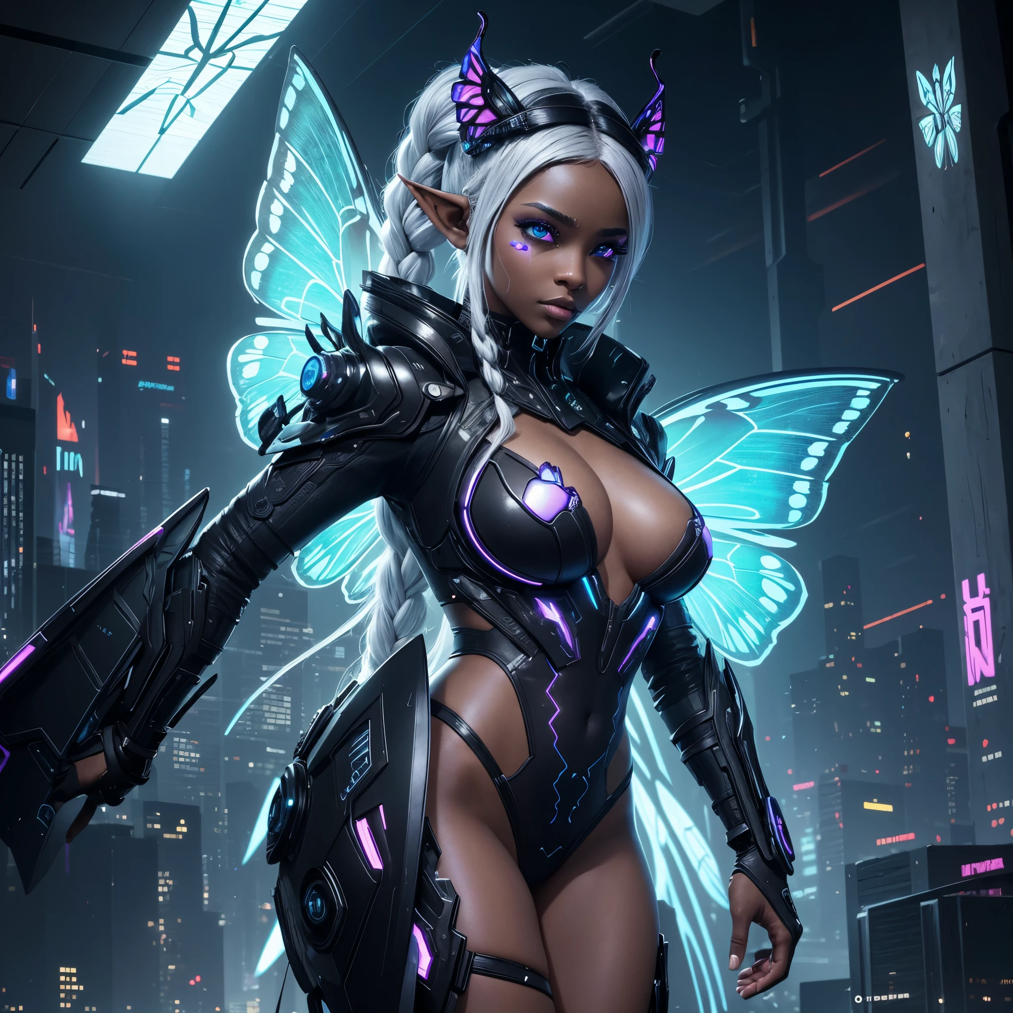 k, ultra high definition, unreal engine, ultra detailed, ultra high resolution, ultra focus, beautiful girl, black girl, dark skin, elf ears, nebula eyes, forehead horns, white hair, braided hair, cyberpunk nose mask, gorgeous thick body, cyberpunk clothes, transparent butterfly, cyberpunk city, beautiful butterfly wings pattern, ultra giant butterfly wings, front view,