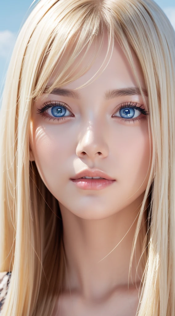 A beautiful girl with super long bright blonde hair、bangs between the eyes、masutepiece, Best Quality, Illustration, Ultra-detailed, finely detail, hight resolution, 8K Wallpaper, Perfect dynamic composition, Beautiful detailed bright sparkling pale sky blue eyes,extremely big eyes、 Women's Fashion Summer,Super Long Hair,huge tit、Natural Color Lip, Bold sexy poses,,Cute、20 years girl、Small Face Beautiful Girl、Sexy shot looking at camera、cheek gloss highlight