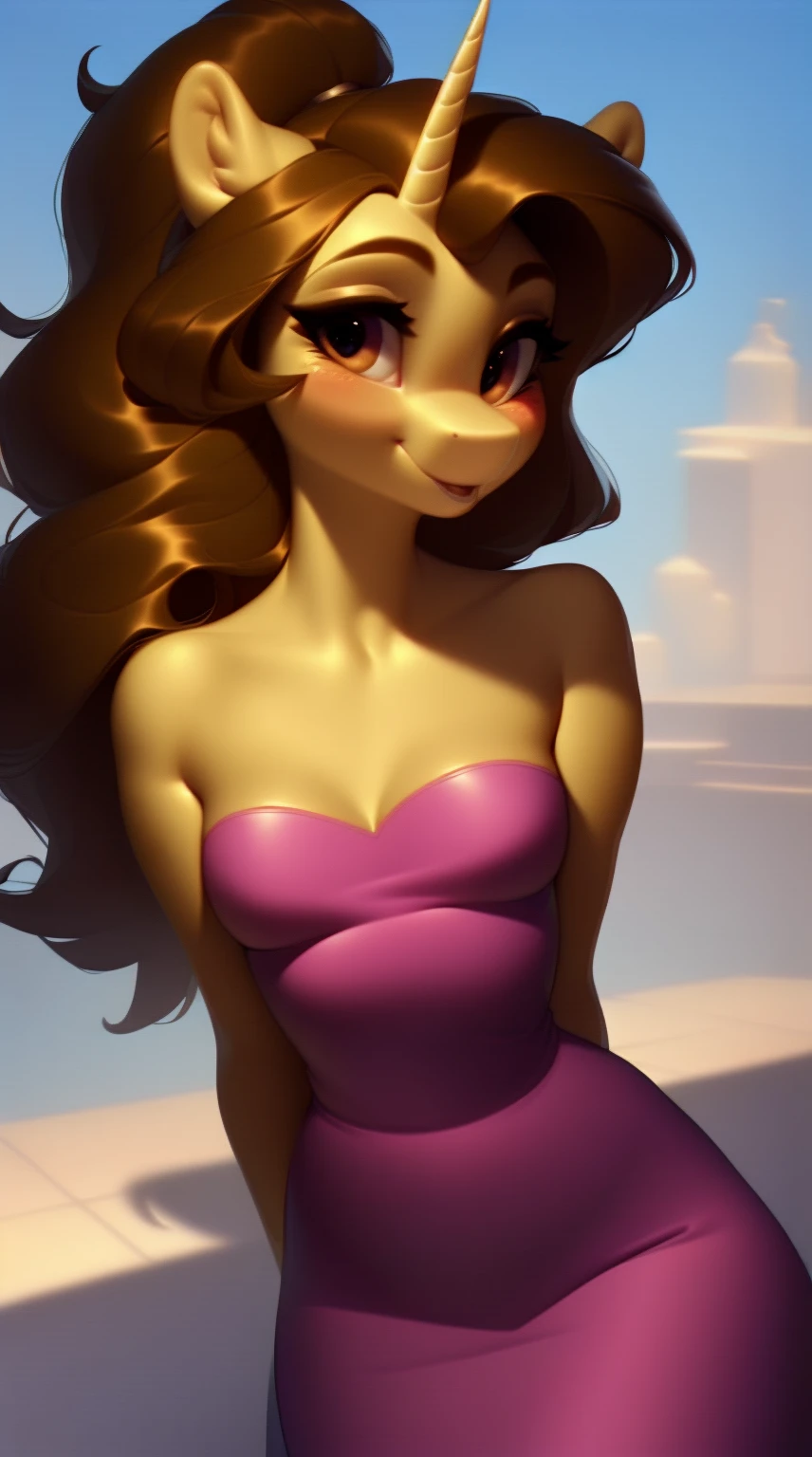 (score_9), (source_derpibooru_p_95), (solo), ((anthro o.c pony 1.1)), (strapless dress), blushing, cute seductive smile, anatomically correct, small breasts, solo, hourglass figure, curvy, plump body, cute, high res, mature, realistic long brown hair,