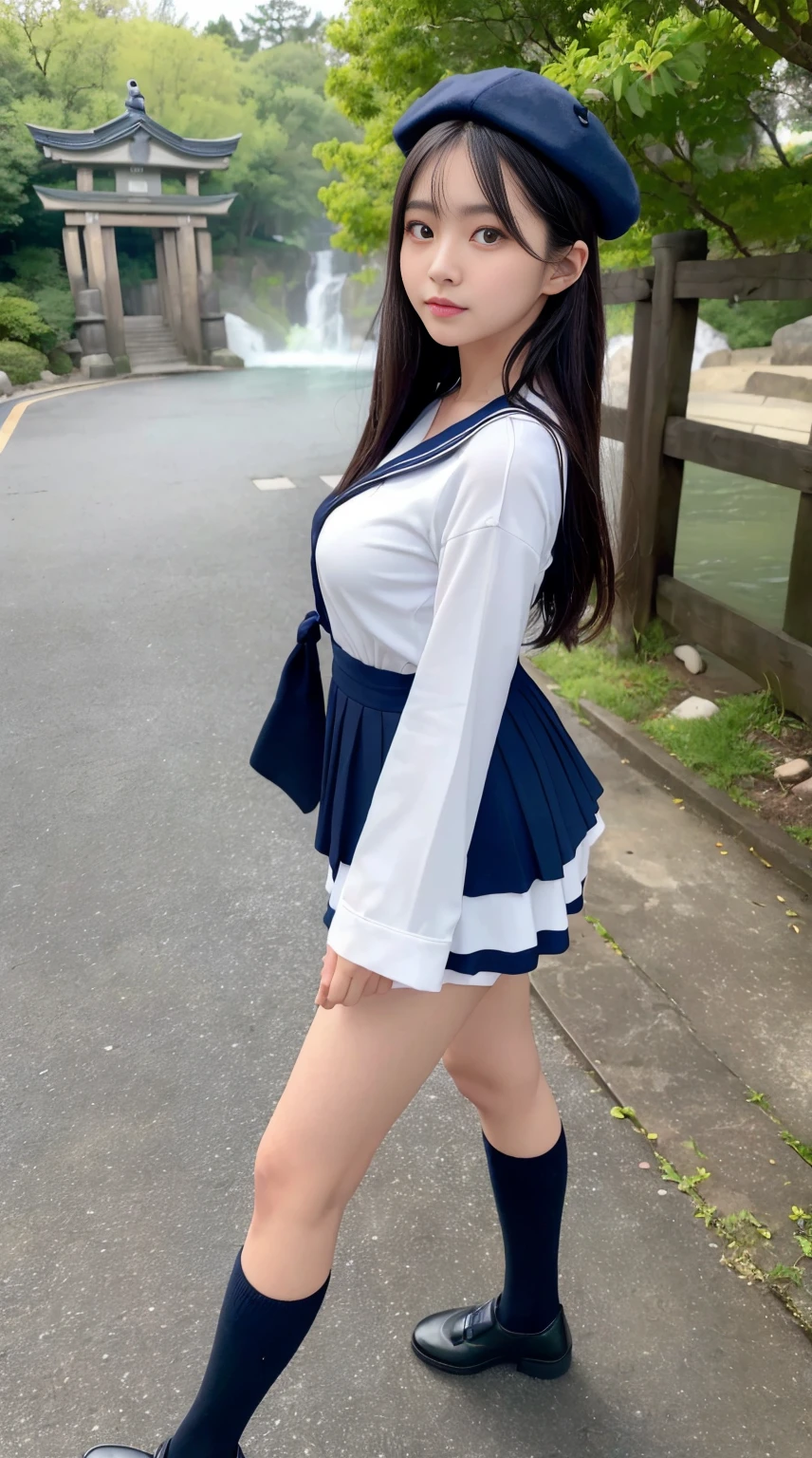 mix4, (16 K, Raw photography, Top image quality, masterpiece: 1.45), (realisitic, Photorealsitic: 1.37), one girls, 7.5, etc、Random hairstyle、Standing figure,Noon time slot、a very cute, Precincts of the shrine,, profetional lighting, photon maping, a park、physically-based renderingt, Gradient dark brown hair,, a handsome, Well-groomed and beautiful eyes、Large double eyelids、Very shiny、girl with, (((White long sleeve sailor suit worn by Japan high school girl、Dark blue collar、Dark blue mini skirt, Small gray beret、Dark blue knee-high socklack loafers))), Top Quality Photos, hight resolution, 1080p, (clearface), (Detailed face description), (Detailed hand description), (masterpiece), (Exquisite CG)、extreme light and shadows、dishevled hair、master work、abundant detail、(Fine facial features)、(top quality photo)、(masuter piece)、(A detailed eye)、Look in front of you、Fine clavicle、((Slender big))、(((Japan schoolgirl in long-sleeved sailor suit:0.7)))、((Ready Idol ))、((Precincts of the shrine、torii gate、Rushing water、Komainu))、(Shooting from random perspectives)、(((neat and cute)))、耳Nipple Ring、A big smile、Drawing the whole body from the knees、Do not draw nasolabial folds、(((Long-sleeved sailor suit)))、(Big breasts that hang down big:1.2)、Big buttocks with tension、Two arms and two legrom the front side:0.7)))、bare hand、No mask、