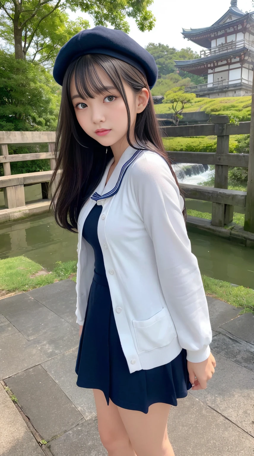 mix4, (16 K, Raw photography, Top image quality, masterpiece: 1.45), (realisitic, Photorealsitic: 1.37), one girls, 7．5, etc、Random hairstyle、Standing figure，Noon time slot、a very cute, Precincts of the shrine,, profetional lighting, photon maping, a park、physically-based renderingt, Gradient dark brown hair,, a handsome, Well-groomed and beautiful eyes、Large double eyelids、Very shiny、girl with, (((White long sleeve sailor suit worn by Japan high school girl、Dark blue collar、Dark blue mini skirt, Small gray beret、Dark blue knee-high socklack loafers))), Top Quality Photos, hight resolution, 1080p, (clearface), (Detailed face description), (Detailed hand description), (masterpiece), (Exquisite CG)、extreme light and shadows、dishevled hair、master work、abundant detail、(Fine facial features)、(top quality photo)、(masuter piece)、(A detailed eye)、Look in front of you、Fine clavicle、((Slender big))、(((Japan schoolgirl in long-sleeved sailor suit:0.7)))、((Ready Idol ))、((Precincts of the shrine、torii gate、Rushing water、Komainu))、(Shooting from random perspectives)、(((neat and cute)))、耳Nipple Ring、A big smile、Drawing the whole body from the knees、Do not draw nasolabial folds、(((Long-sleeved sailor suit)))、(Big breasts that hang down big:1.2)、Big buttocks with tension、Two arms and two legrom the front side:0.7)))、bare hand、No mask、