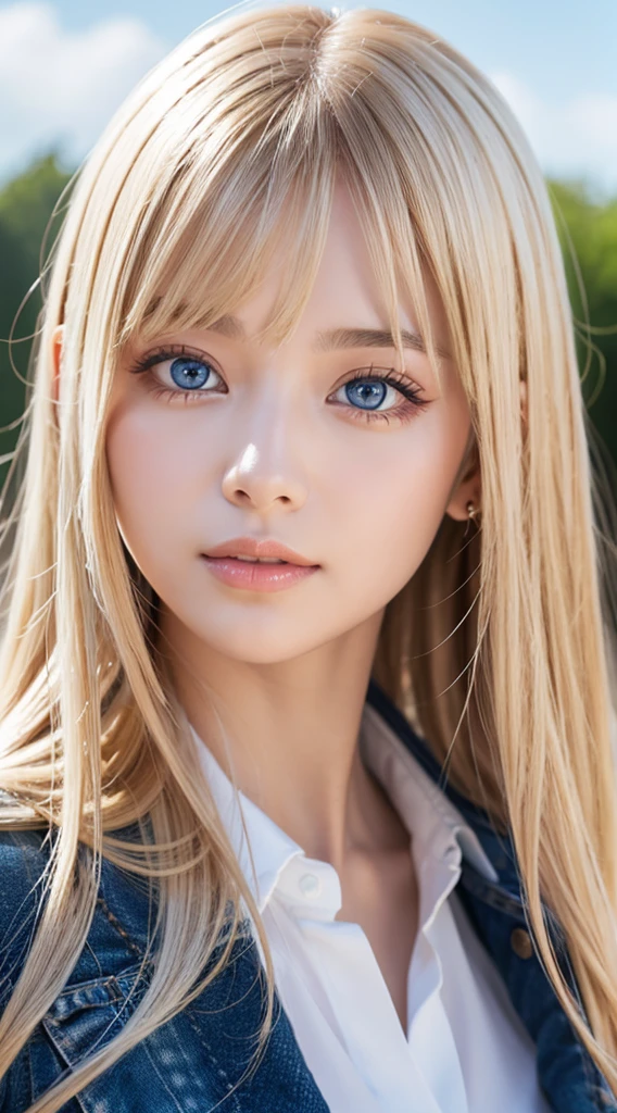 A beautiful girl with super long bright blonde hair、bangs between the eyes、masutepiece, Best Quality, Illustration, Ultra-detailed, finely detail, hight resolution, 8K Wallpaper, Perfect dynamic composition, Beautiful detailed bright sparkling pale sky blue eyes,extremely big eyes、 Women's Fashion Summer,Super Long Hair,huge tit、Natural Color Lip, Bold sexy poses,,Cute、20 years girl、Small Face Beautiful Girl、Sexy shot looking at camera、cheek gloss highlight