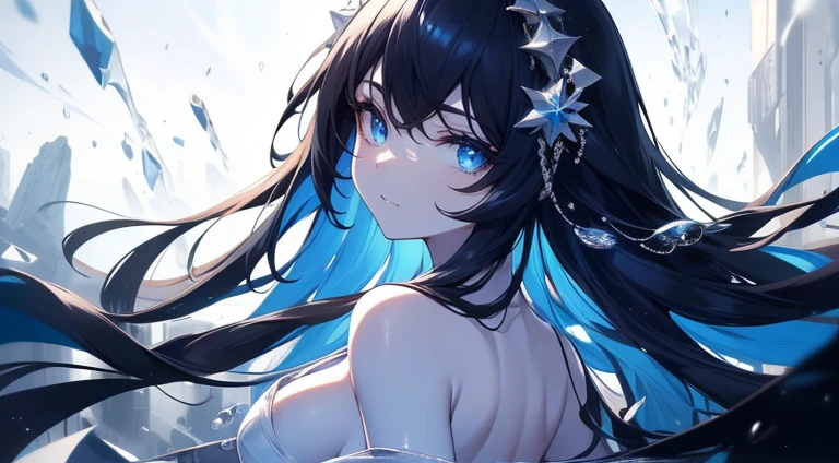 Ultramarine sky、woman with long black hair、Simple ultramarine one-piece dress、Slim type、small tits、(Extremely delicate and beautiful: 1.2)、Depression、An expression that hides sadness、Sea of Japan scenery、(​masterpiece, best qualtiy, 超A high resolution), 1girl in, pale skin, ((blue Eyes)), blazing_Eyes, neon Eyes, (ultra detailed Eyes, beautiful and detailed face, detailed Eyes), ((Centered)), Smile, ((Wide Shot)), face to the viewer, Eye level, (blurry Background, bright snowy Background, Winters), flat-chest, Looking at Viewer, ((half closed Eyes)), ((Perfect hands)), (((Head, missiles, lower back, Elbows, In view))), ((hands behind back)), empty Eyes, Beautiful lighting, Outside, Outdoors, Background, defined subject, 25 years old,