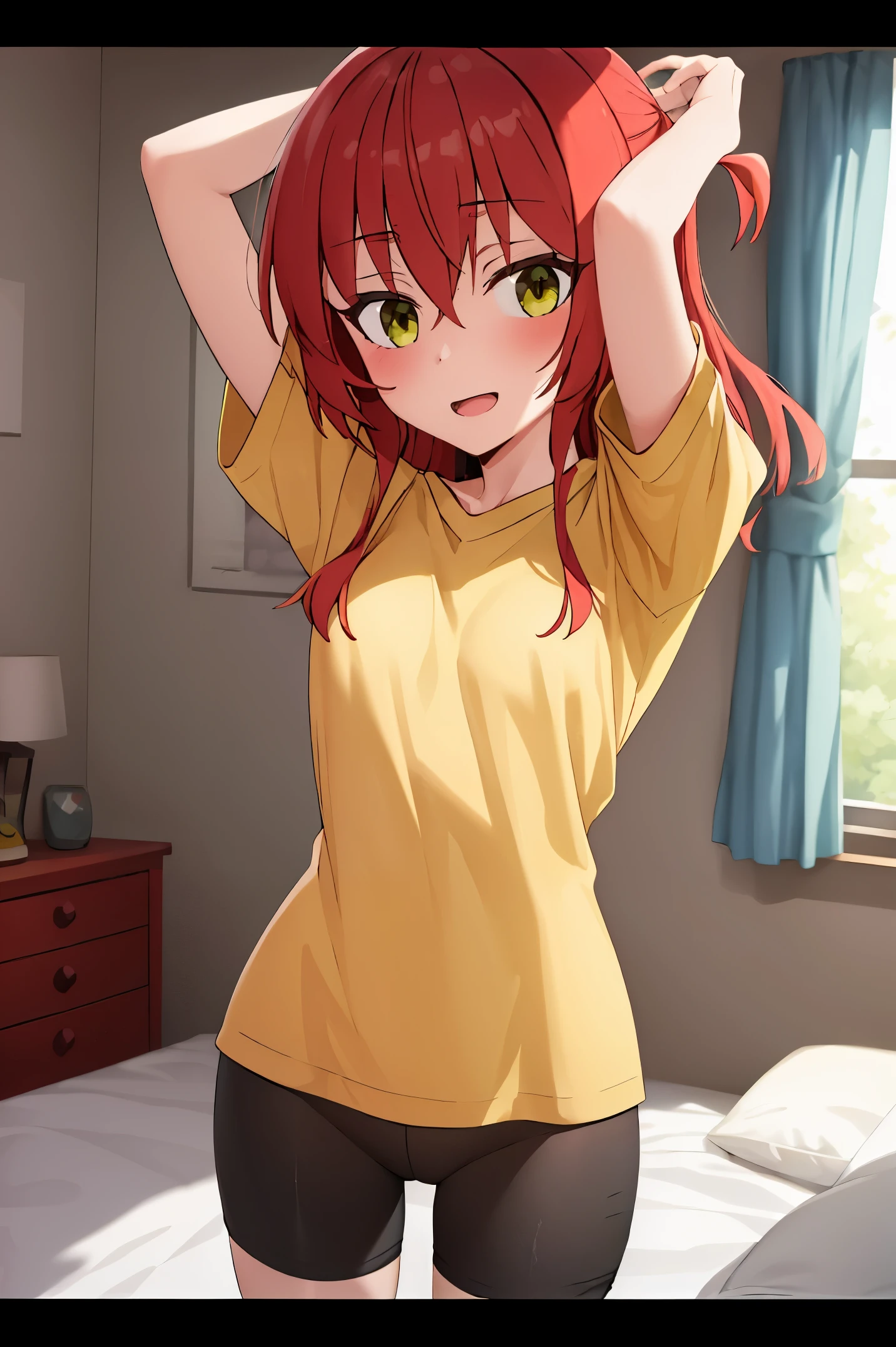 1 girl, best quality, ultra high res, long hair, red hair, green eyes, looking at viewers, small breast, standing, pov, slim body, body, small body, smile, open mouth, yellow shirt, short sleeves, bike shorts, bedroom, white bed sheets,