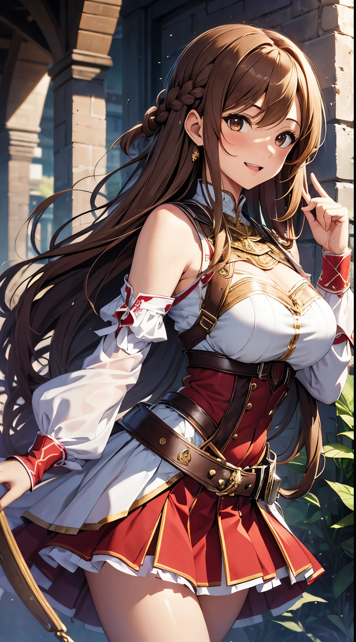 masterpiece, Best Quality, hight resolution, Arsuna, Long hair, Brown hair, braid, Brown eyes, Bare shoulders, armor, breastplates, White sleeves, Detached sleeves, Red skirt, Pleated skirt, white thighhig, Waving, Smile, Leaning forward, Open mouth, Town, Fantasy