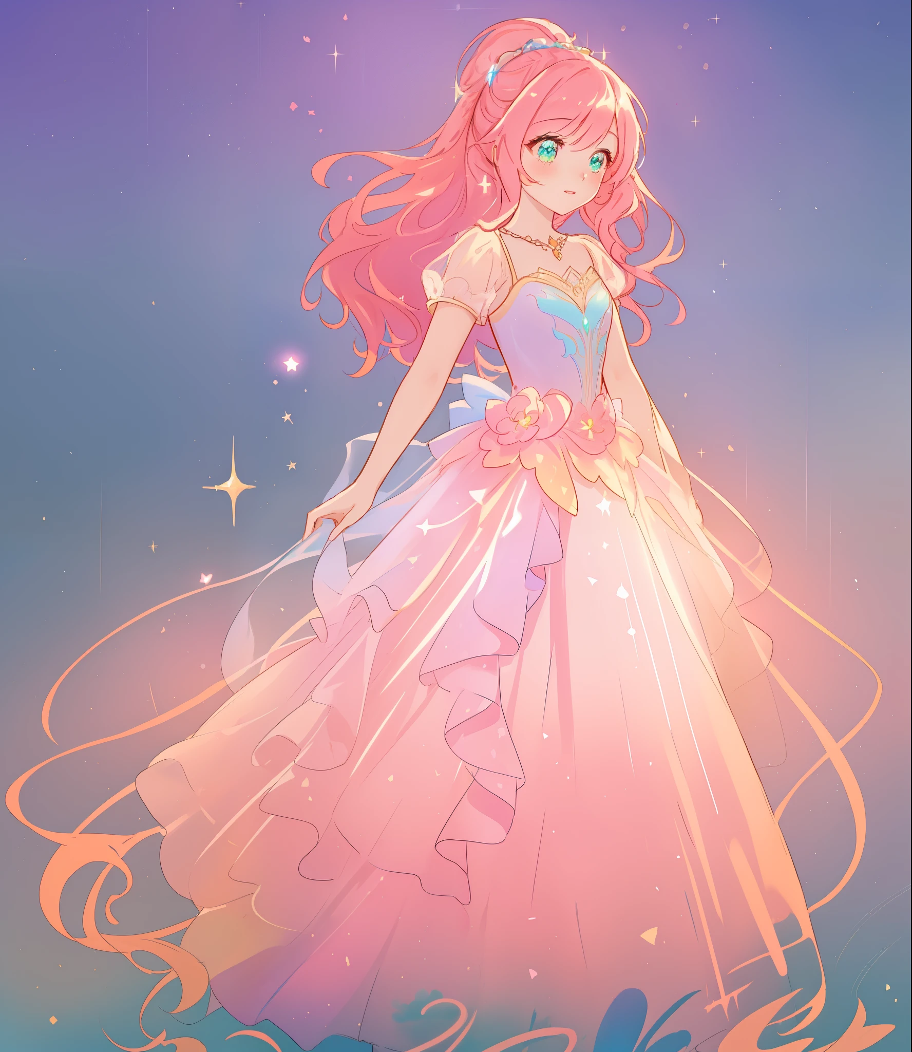 beautiful girl, ((puffy shimmering multi-layered ballgown)), vibrant pastel colors, (colorful), long flowing hair, magical lights, sparkling magical liquid, inspired by Glen Keane, inspired by Lois van Baarle, disney art style, by Lois van Baarle, glowing aura around her, by Glen Keane, jen bartel, glowing lights! digital painting, flowing glowing hair, glowing flowing hair, beautiful digital illustration, fantasia background, whimsical, magical, fantasy, ((masterpiece, best quality)), intricate details, highly detailed, sharp focus, 8k resolution, sparkling detailed eyes, liquid watercolor
