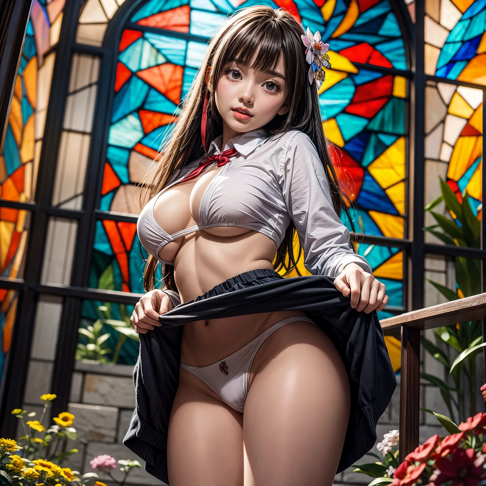 White and Red, (Dazzlingly colorful Light shines:1.2), (physically-based rendering with ultra-detailed, (masutepiece:1.2) of professional photograpy, (highly realistic and (photorealistic:1.37) with touch of rawness), Acutance:0.8) . A group of KAWAII girls in (school uniform) with opened Overflowing Gigantic Cleavage without bra . (((extremely detailed KAWAII face variations)) with joyful expressions), { Navel | pretty Ass | (Overflowing underboob) | White panties with (blood seeping only in crotch area) | (full of Flowers covering girl's body) | ((Dazzling colorful stained glass with stunning elaborate details:1.2)) | A Dazzling Halo (Floating) } . (Exposed:0.95), ((nipple:-0.9)), (not Detailed fingers:-0.9) .