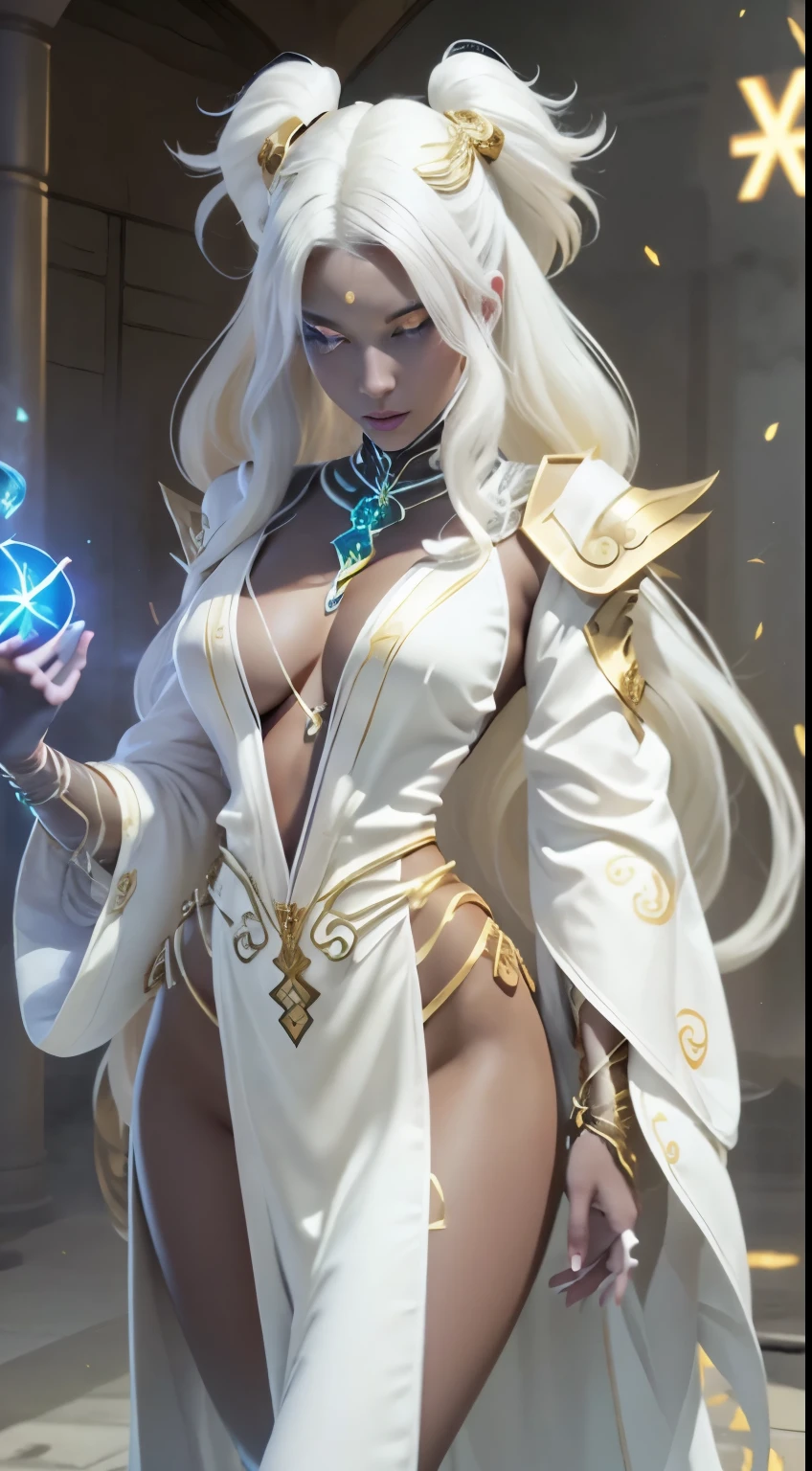 A beautiful and sexy megatrix woman with long white hair and yellow eyes who has a very sexy body wearing a white kimono with gold details and having several runes running across her body