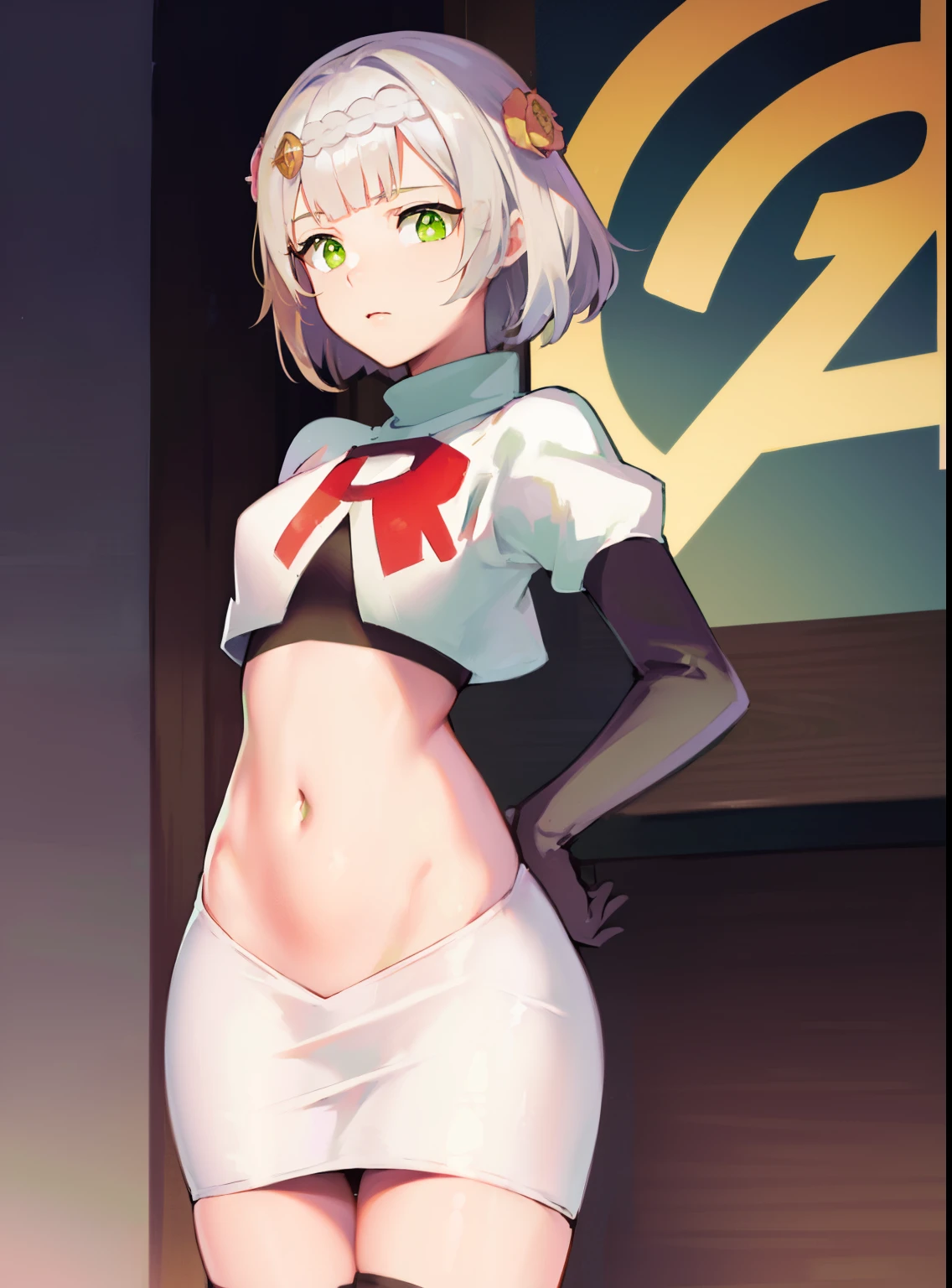 genshinnoelle, noelle, braid, flower, hair flower, hair ornament, short hair, silver hair, (green eyes:1.5),team rocket,team rocket uniform,white skirt,crop top,black thigh-high boots,black elbow gloves,