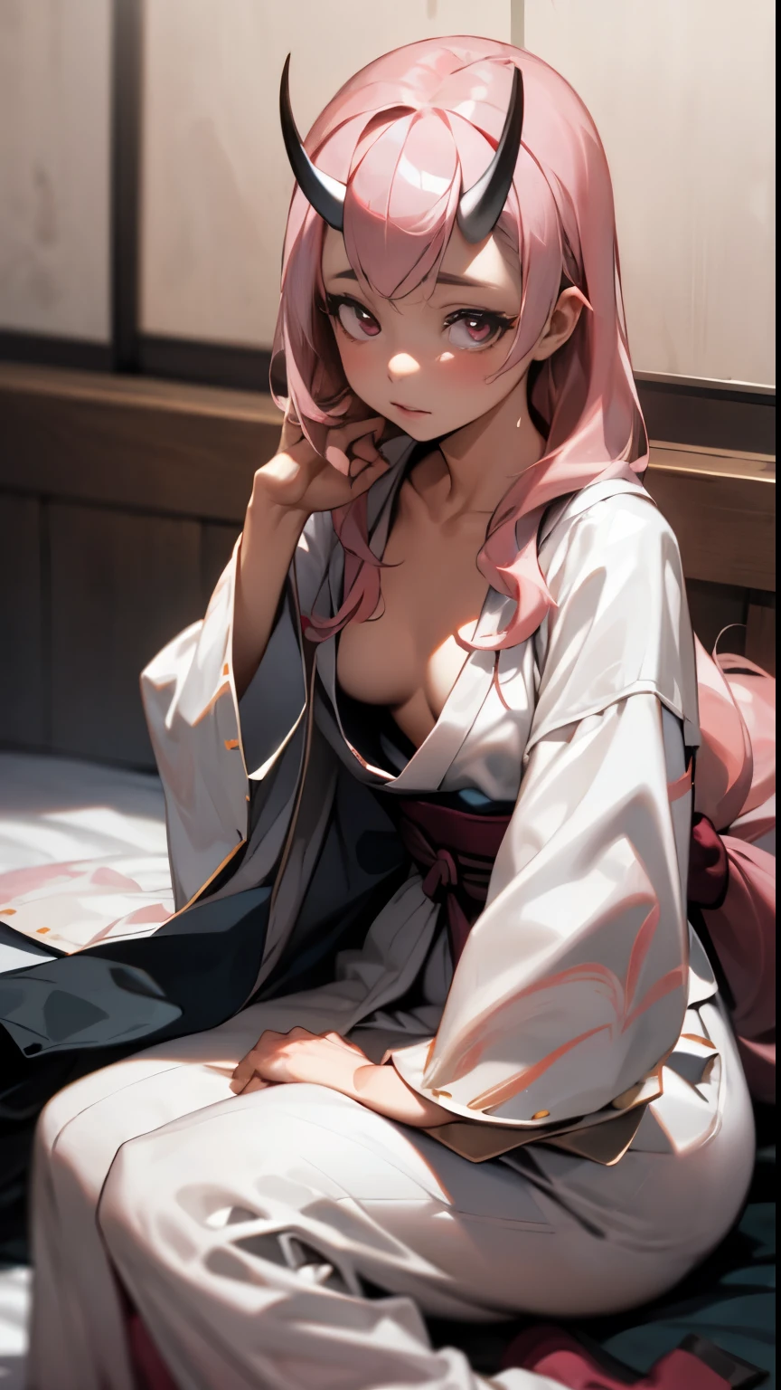 photorealistic, (4k), depth of field, (Masterpiece), (realistic skin texture), extremely detailed, intricate, hyper detailed, bokeh, high resolution, sharp detail, best quality, girl, red and white kimono, long hair, pink hair, pink eyes, horns, relaxing , downblouse, small breasts