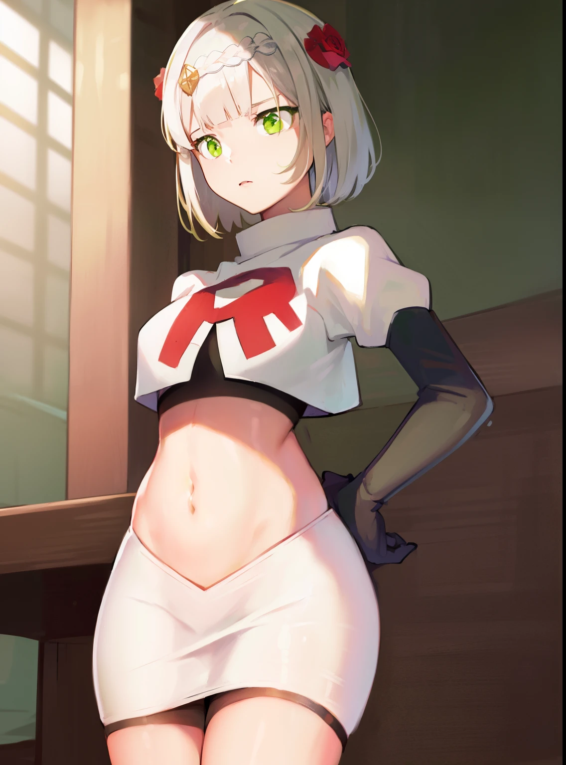 genshinnoelle, noelle, braid, flower, hair flower, hair ornament, short hair, silver hair, (green eyes:1.5),team rocket,team rocket uniform,white skirt,crop top,black thigh-high boots,black elbow gloves,