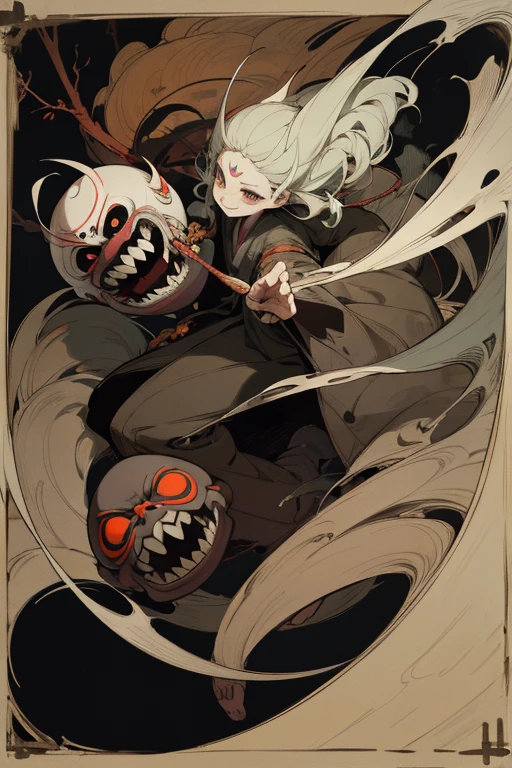 black background, ((yokai)), bugaboo, Chojugiga, Shihon Bokuga, (eerie), rough sketch, (Clear), (obvious), (masterpiece), (high resolution), (super delicate), (8k), full body, (horror elements), eerie worldview, anthropomorphism, Sumi-e, Japanese painting, (primitive art), old picture scroll style, old staging, Ancient mural style, Crazy illustrations, antique, Dark atmosphere, flat illustration, doll-like face, horror factor, Crazy smile, spooky look, Outline warm color, personification of junk, Distinctive hair style, Creative accessories, individualistic atmosphere