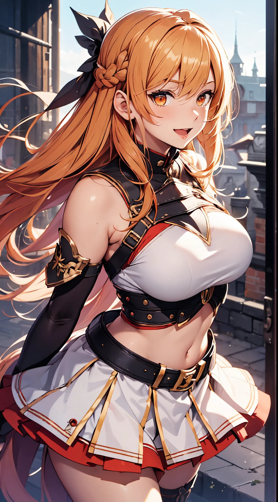 ​masterpiece, Best Quality, hight resolution, Arsna, Long hair, orange hair, braid, orange eyes, Bare shoulders, armor, breastplates, White sleeves, Detached sleeves, Red skirt, Pleated skirt, white thighhig, Waving, Smile, Leaning forward, Open mouth, Town, Fantasy