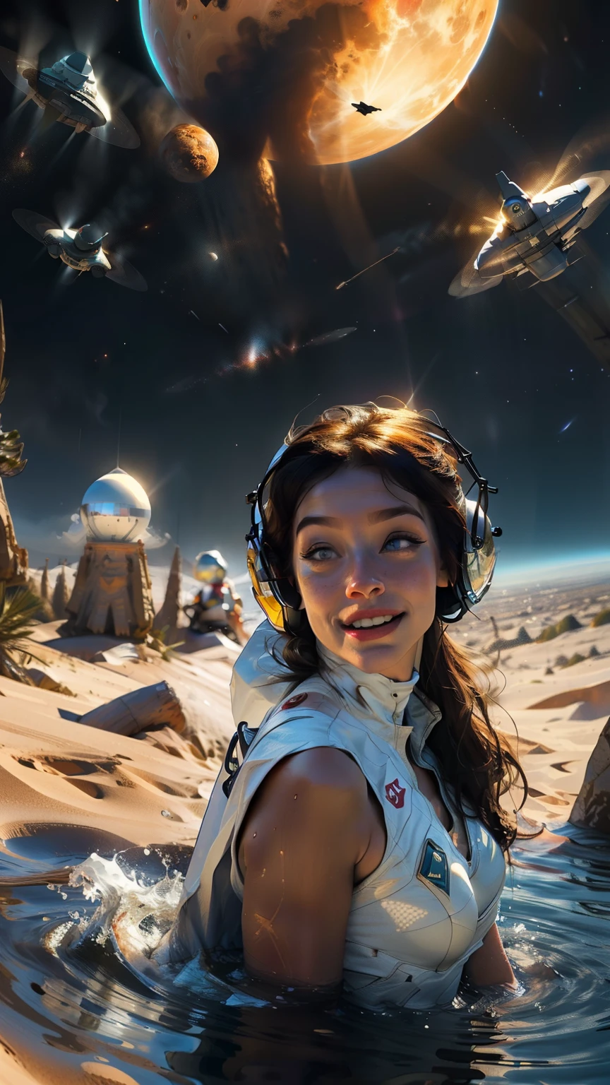 Astronaut style white and gold trim bikini (breast) and clear helmet, with a group of soldiers behind her, beautiful sci-fi art, beautiful smile, waiting for a kiss, turning and looking at the camera, space warrior, sunrise over solar punk city, stoner rock, mars invasion, epic album art cover, sexy movie photo, cinemascope panorama, high stylized and 1940’s poster, cosmic style, 8k cinematic, golden ratio, cosmic mayhem, light particles, wet look, golden hour, realistic, masterpiece, highest quality, lens flare, shade, bloom, [[chromatic aberration]]