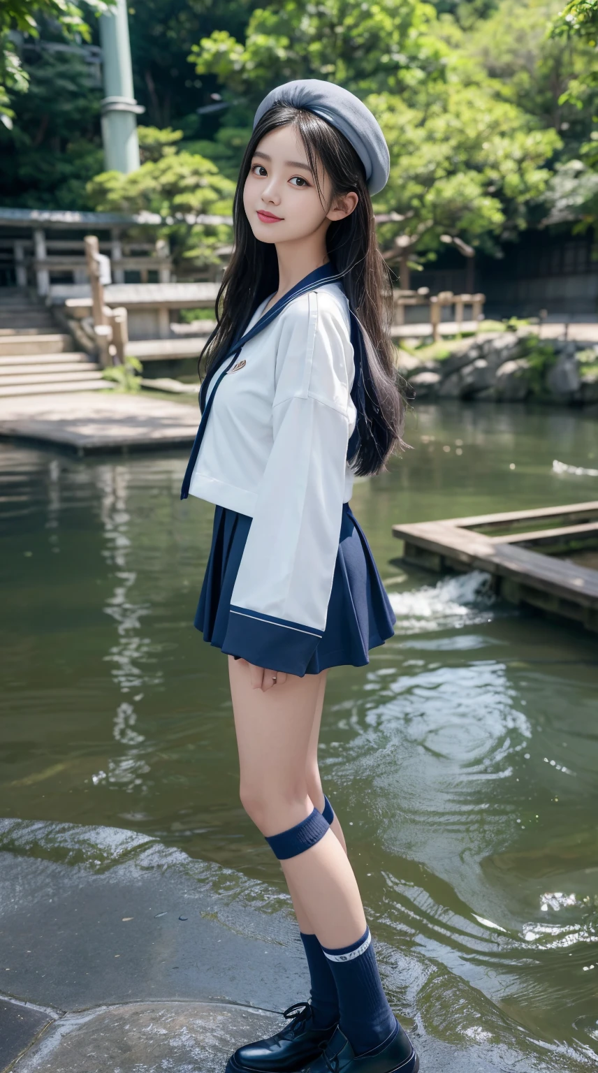 mix4, (16 K, Raw photography, Top image quality, masterpiece: 1.45), (realisitic, Photorealsitic: 1.37), one girls, 7.5, etc、Random hairstyle、Standing figure,Noon time slot、a very cute, Precincts of the shrine,, profetional lighting, photon maping, a park、physically-based renderingt, Gradient dark brown hair,, a handsome, Well-groomed and beautiful eyes、Large double eyelids、Very shiny、girl with, (((White long sleeve sailor suit worn by Japan high school girl、Dark blue collar、Dark blue mini skirt, Small gray beret、Dark blue knee-high socklack loafers))), Top Quality Photos, hight resolution, 1080p, (clearface), (Detailed face description), (Detailed hand description), (masterpiece), (Exquisite CG)、extreme light and shadows、dishevled hair、master work、abundant detail、(Fine facial features)、(top quality photo)、(masuter piece)、(A detailed eye)、Look in front of you、Fine clavicle、((Slender big))、(((Japan schoolgirl in long-sleeved sailor suit:0.7)))、((Ready Idol ))、((Precincts of the shrine、torii gate、Rushing water、Komainu))、(Shooting from random perspectives)、(((neat and cute)))、耳Nipple Ring、A big smile、Drawing the whole body from the knees、Do not draw nasolabial folds、(((Long-sleeved sailor suit)))、(Big breasts that hang down big:1.2)、Big buttocks with tension、Two arms and two legrom the front side:0.7)))、bare hand、No mask、