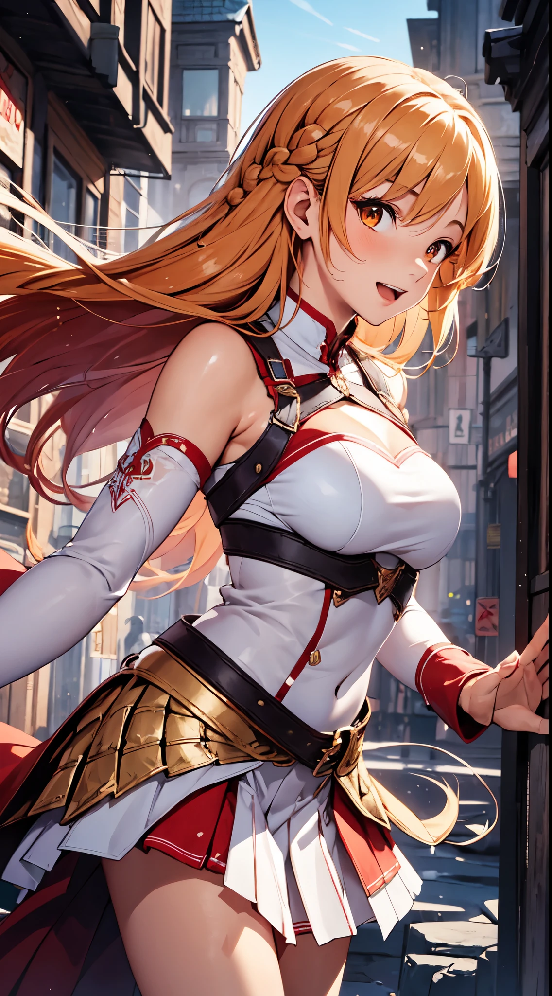 ​masterpiece, Best Quality, hight resolution, Arsna, Long hair, orange hair, braid, orange eyes, Bare shoulders, armor, breastplates, White sleeves, Detached sleeves, Red skirt, Pleated skirt, white thighhig, Waving, Smile, Leaning forward, Open mouth, Town, Fantasy