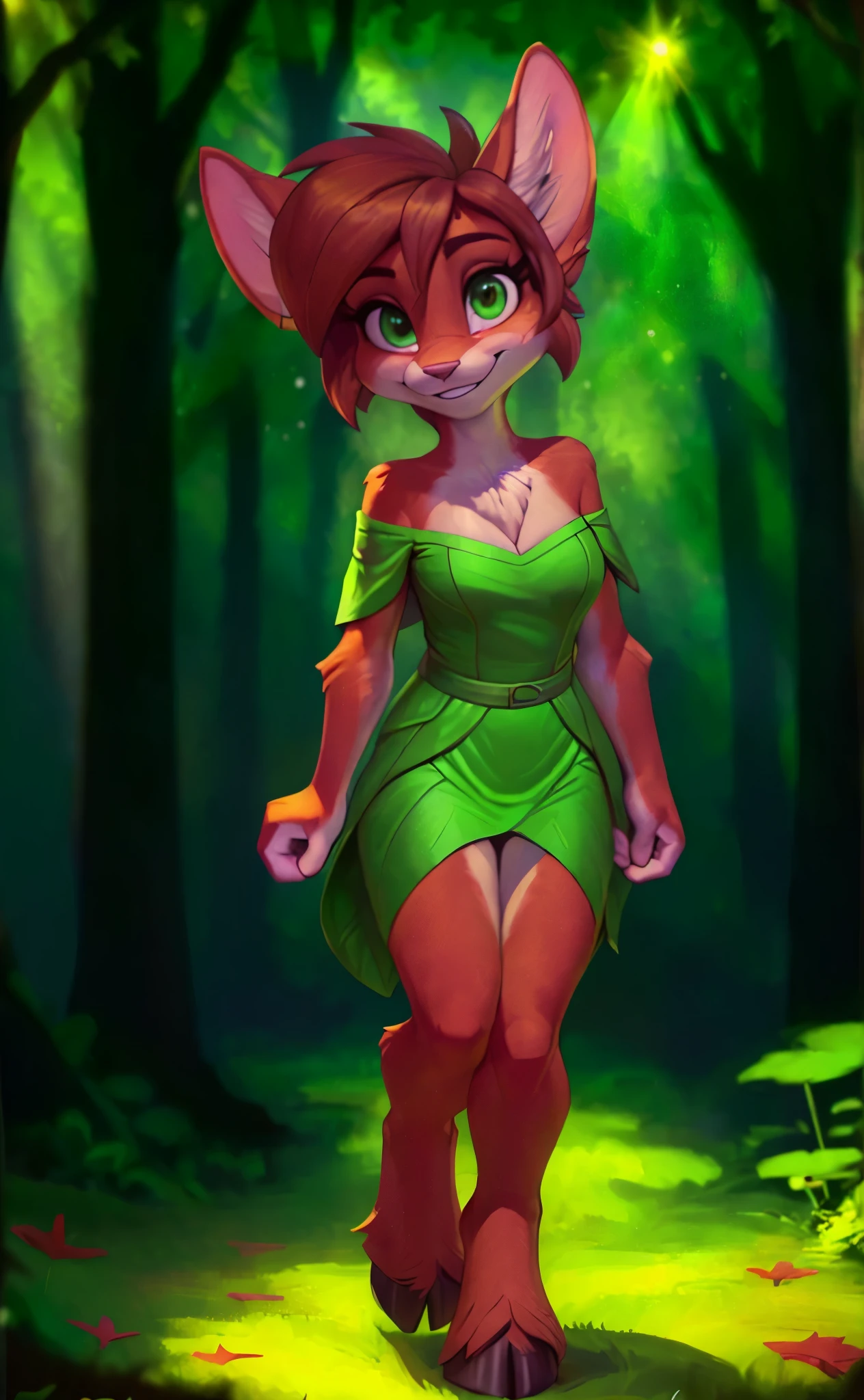 [elora], [Uploaded to e621.net; (Pixelsketcher), (wamudraws)], ((masterpiece)), ((HD)), ((highres)), ((solo portrait)), ((front view)), ((mystical)), ((furry; anthro)), ((detailed fur)), ((detailed shading)), ((beautiful render art)), {anthro; (brown fur), (fur tufts), short brown hair, (cute green eyes), (long eyelashes), (beautiful legs), (beautiful feet), (hooves), (blushing), (cute grin)}, {(leaf off-shoulder dress), (cleavage)}, {(standing), (looking at viewer)}, [background; (woods), (trees), (beautiful pond), (sun rays), (ambient lighting)]