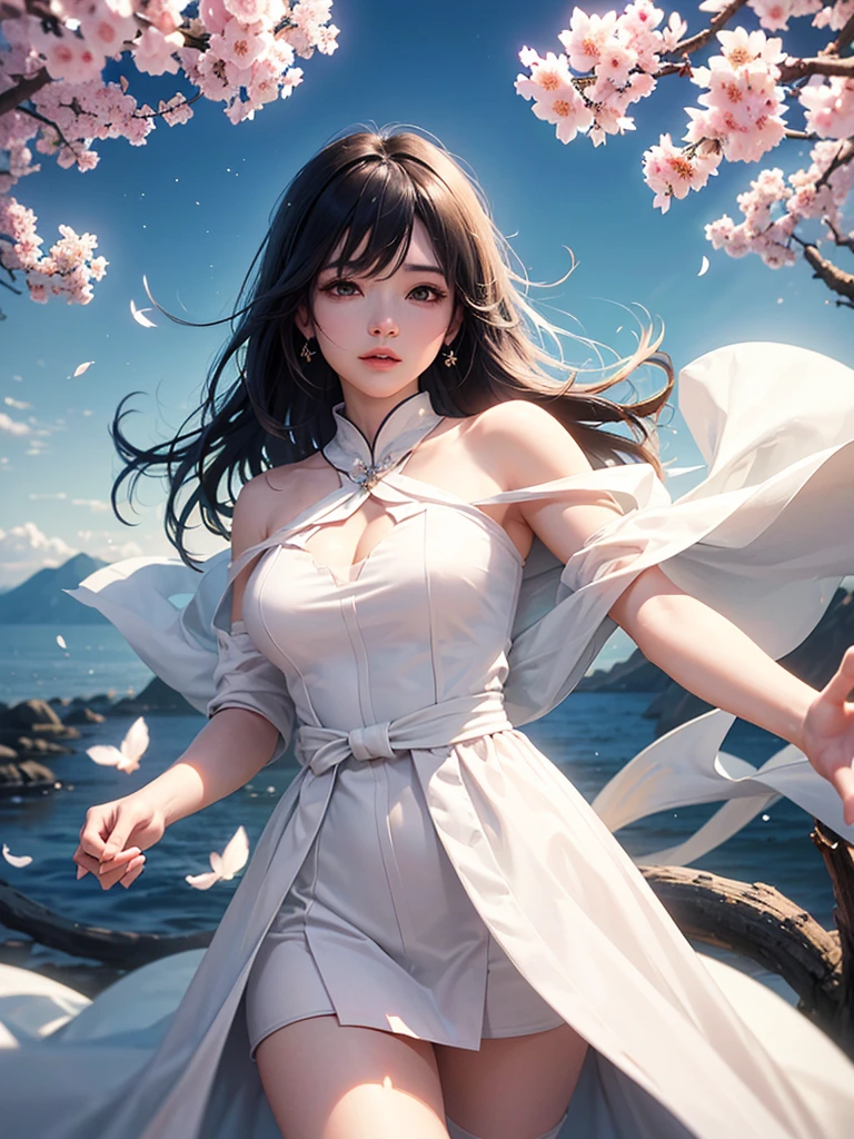 (A logo、masterpiece、8K、masutepiece、Raw photo、Fantastic、Best Quality、フォトリアリスティックでighly detailedな CG 統合 8k 壁紙、hightquality、ighly detailed、epic poem、Particle effect、Dynamic effects、depth of fields、Cinematic Light、Lens Flare、Ray tracing)、Fantasia、 (1 beautiful woman in a white coat、robe blanche、Japanese dress、A dark-haired、Beautiful face、Real Face、beautiful details eyes beautiful skin)、Hair flutters in the wind、Hair jumps、Pink cherry blossom tree、Petals flutter、Sakura blizzard、Superb view、morning glow、Sun in the background、the wind、Deities、tusk、Deities話、Vast Land、
