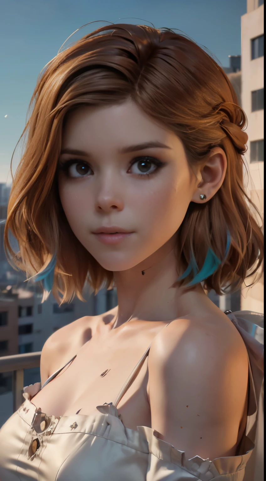 photo of Kate Mara, RAW, beautiful woman, ((portrait)), ((detailed face:1.2)), ((detailed facial feature, detailed skin, clear skin), (perfect proportioned body), (wearing a colorful one shoulder dress) (high detailed city environment, apartment balcony), (realistic photo, best quality, detailed), (8k wallpaper), (cinematic lighting, dramatic lighting) (sharp focus, intricate)