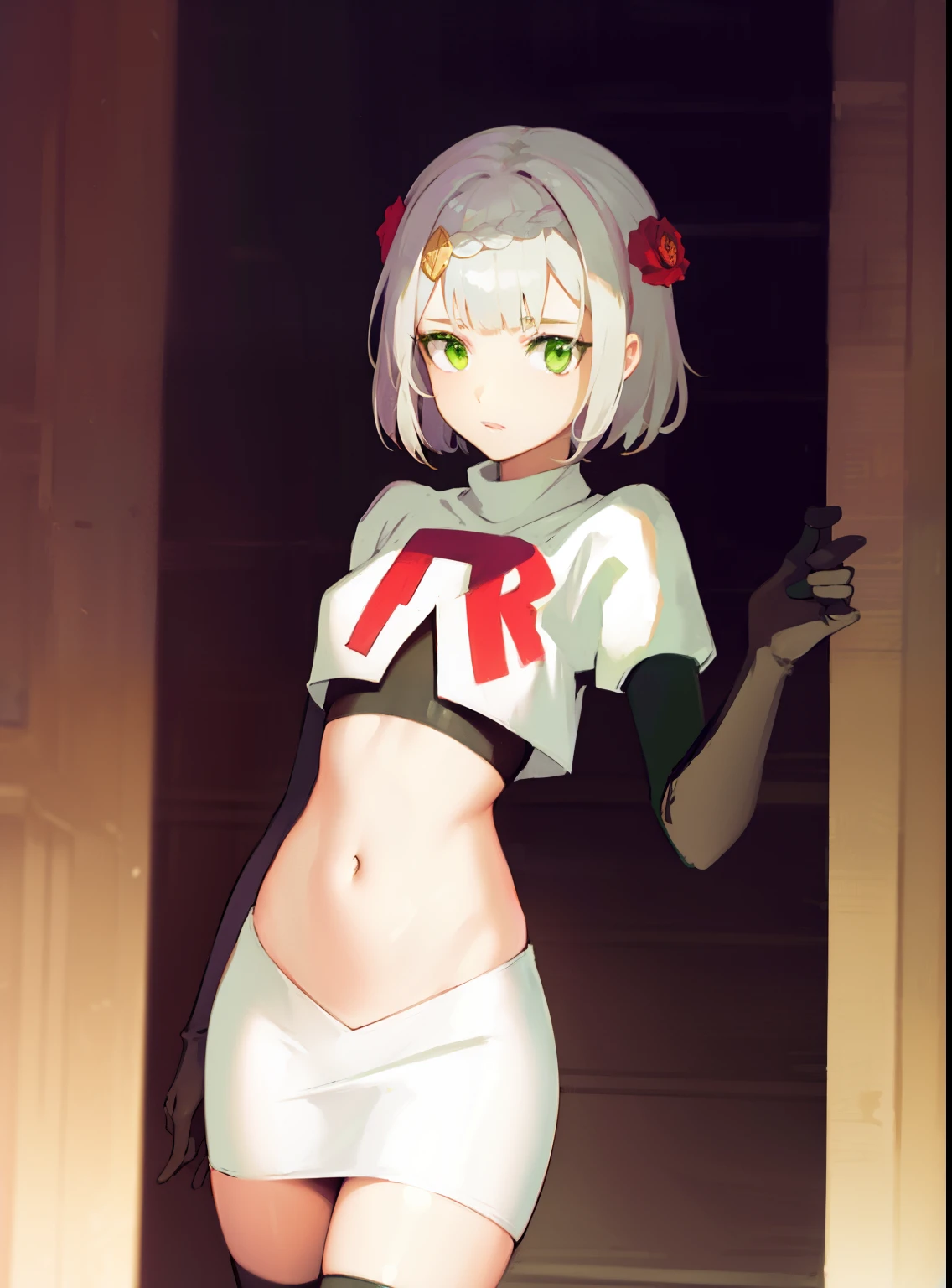genshinnoelle, noelle, braid, flower, hair flower, hair ornament, short hair, silver hair, (green eyes:1.5),team rocket,team rocket uniform,white skirt,red letter R,crop top,black thigh-highs,black elbow gloves 