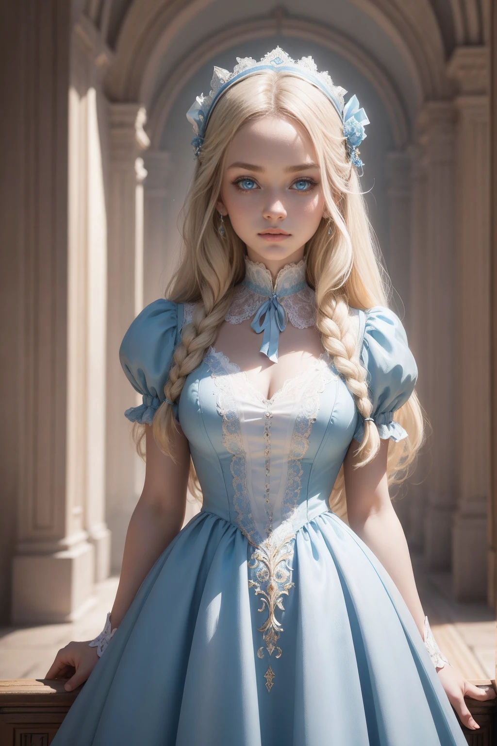 (Masterpiece - Ultra-Detailed, High Resolution) Prepare to be enchanted by a true masterpiece that combines ultra-detailed art with high-resolution rendering. This work shows a mesmerizing girl with long blonde hair (1.3) and captivating light blue eyes (1.2), emanating an aura of elegance and mystery. The intricate details and realistic textures invite you to explore every aspect of this enchanting composition. Girl wearing classic Victorian costumes. Light blue dress. Get ready to dive into a world where beauty and craftsmanship merge perfectly.