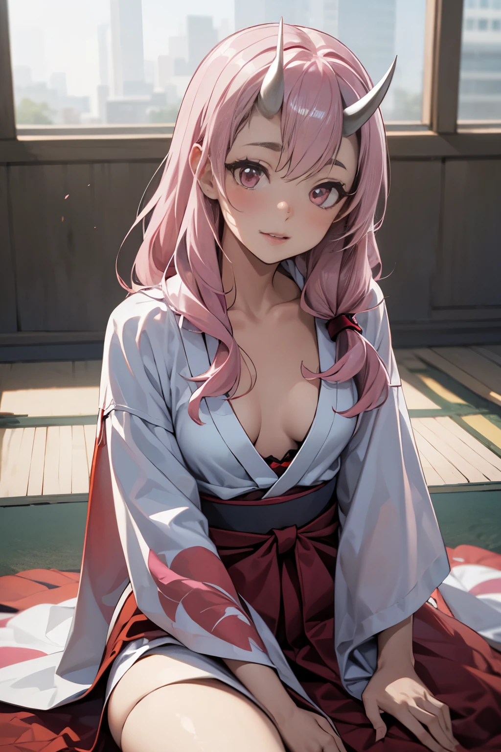 photorealistic, (4k), depth of field, (Masterpiece), (realistic skin texture), extremely detailed, intricate, hyper detailed, professional photography, bokeh, high resolution, sharp detail, best quality, girl, red and white kimono, long hair, pink hair, pink eyes, horns, twisted torso , (pussy:1.2), nude, (lake background:1.3), 