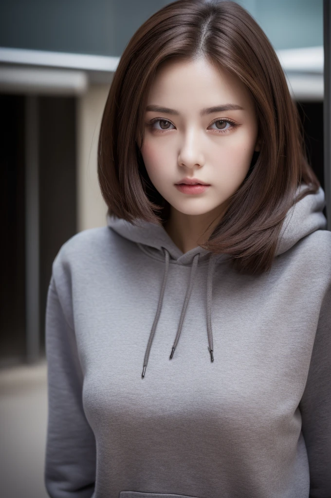 (Best quality, high resolution, masterpiece: 1.3), a beautiful woman, big breasts, slim figure, (short dark brown hair), sweatshirt, beautifully presented details in the street and facial and skin texture, detailed eyes, double eyelids, big eyes,full body