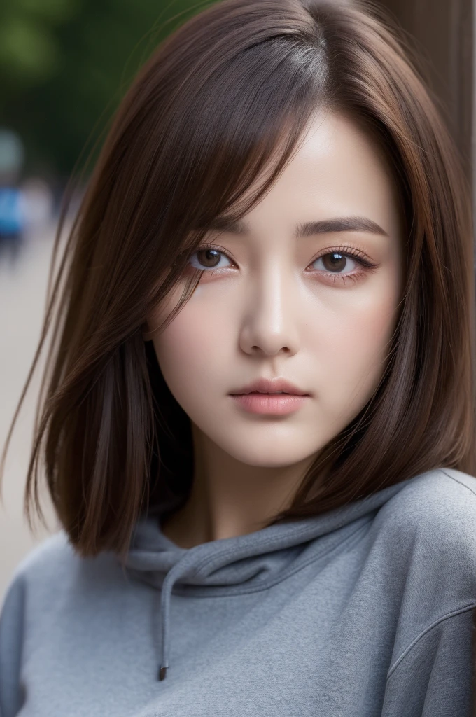 (Best quality, high resolution, masterpiece: 1.3), a beautiful woman, big breasts, slim figure, (short dark brown hair), sweatshirt, beautifully presented details in the street and facial and skin texture, detailed eyes, double eyelids, big eyes,full body