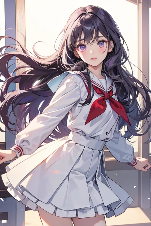 Tomoyo is an elegant and delicate-looking pale-complected young girl with wavy waist-length grayish-violet hair and purple eyes. Her winter school uniform is a black long-sleeved shirt with red and white sleeve cuffs, a white neckerchief with a red stripe, and a white pleated miniskirt with a frilly white knee-length petticoat.