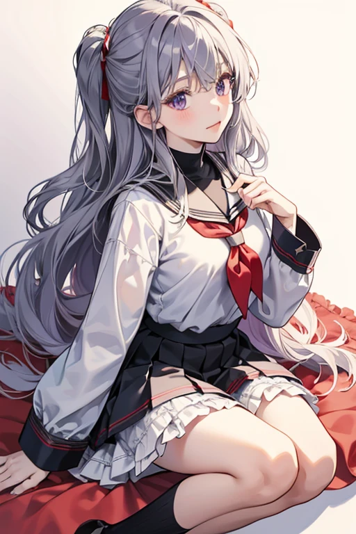 Tomoyo is an elegant and delicate-looking pale-complected young girl with wavy waist-length grayish-violet hair and purple eyes. Her winter school uniform is a black long-sleeved shirt with red and white sleeve cuffs, a white neckerchief with a red stripe, and a white pleated miniskirt with a frilly white knee-length petticoat.