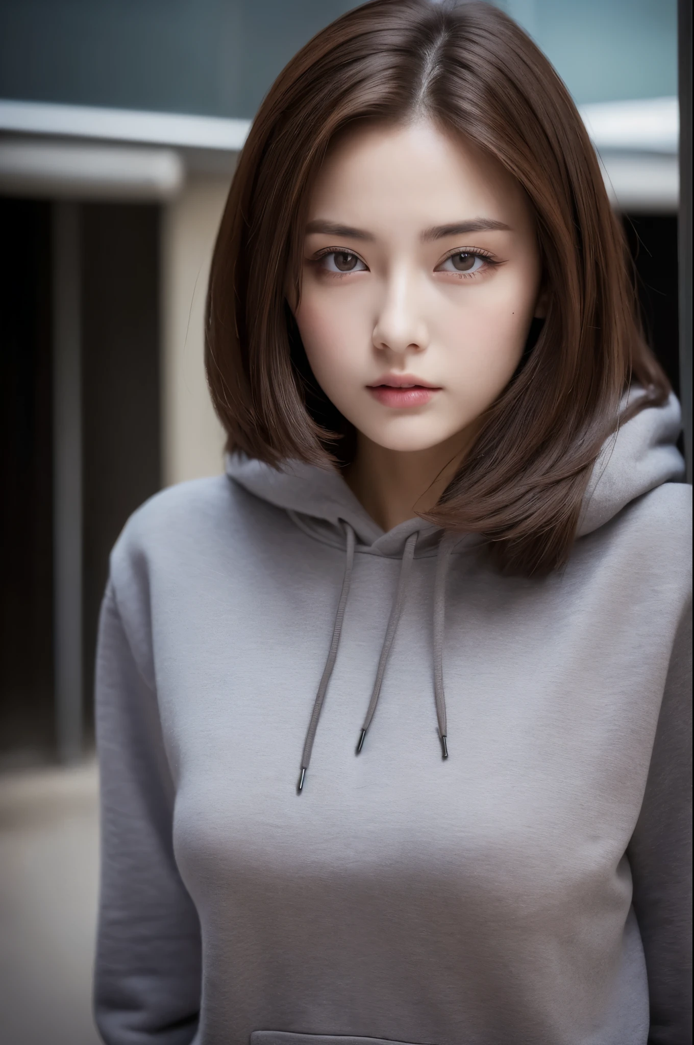 (Best quality, high resolution, masterpiece: 1.3), a beautiful woman, big breasts, slim figure, (short dark brown hair), sweatshirt, beautifully presented details in the street and facial and skin texture, detailed eyes, double eyelids, big eyes,full body