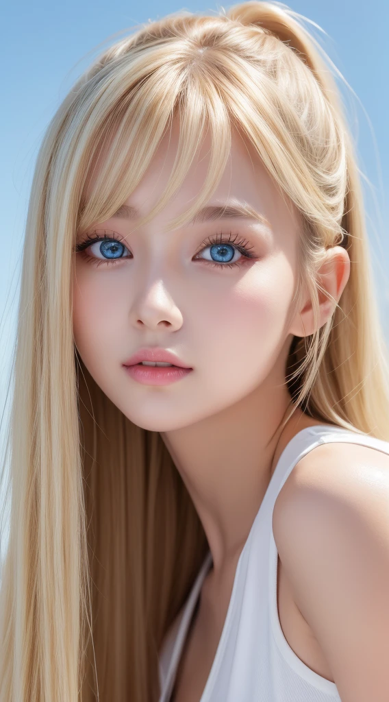 A beautiful girl with super long bright blonde hair、bangs between the eyes、masutepiece, Best Quality, Illustration, Ultra-detailed, finely detail, hight resolution, 8K Wallpaper, Perfect dynamic composition, Beautiful detailed bright sparkling pale sky blue eyes,extremely big eyes、 Women's Fashion Summer,Super Long Hair,huge tit、Natural Color Lip, Bold sexy poses,,Cute、20 years girl、Small Face Beautiful Girl、Sexy shot looking at camera、cheek gloss highlight
