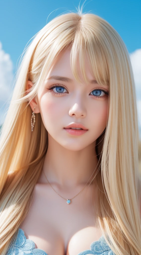 A beautiful girl with super long bright blonde hair、bangs between the eyes、masutepiece, Best Quality, Illustration, Ultra-detailed, finely detail, hight resolution, 8K Wallpaper, Perfect dynamic composition, Beautiful detailed bright sparkling pale sky blue eyes,extremely big eyes、 Women's Fashion Summer,Super Long Hair,huge tit、Natural Color Lip, Bold sexy poses,,Cute、20 years girl、Small Face Beautiful Girl、Sexy shot looking at camera、cheek gloss highlight