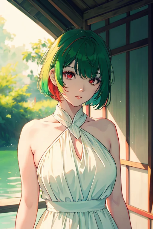 best_quality, 1girl, solo, bangs, colored skin, female focus, green hair, hair over one eye, multicolored skin, red eyes, short hair, white skin, white and green dress