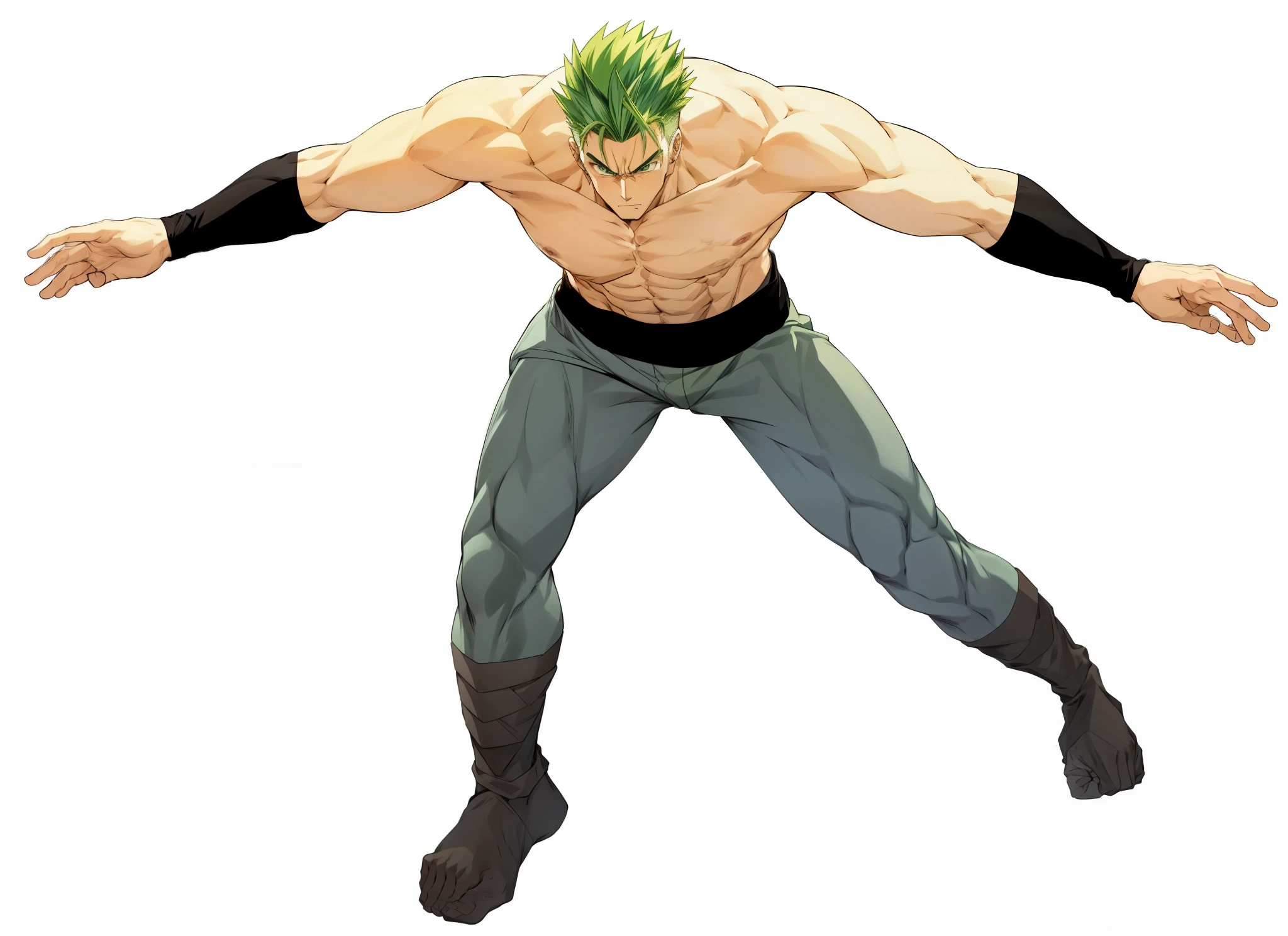 anime character with green hair and a green mohawk looking down, muscular! green, muscular!!, muscular character, most strongest pose, muscular! white, muscular!!!, an angry muscular army general, muscular!,