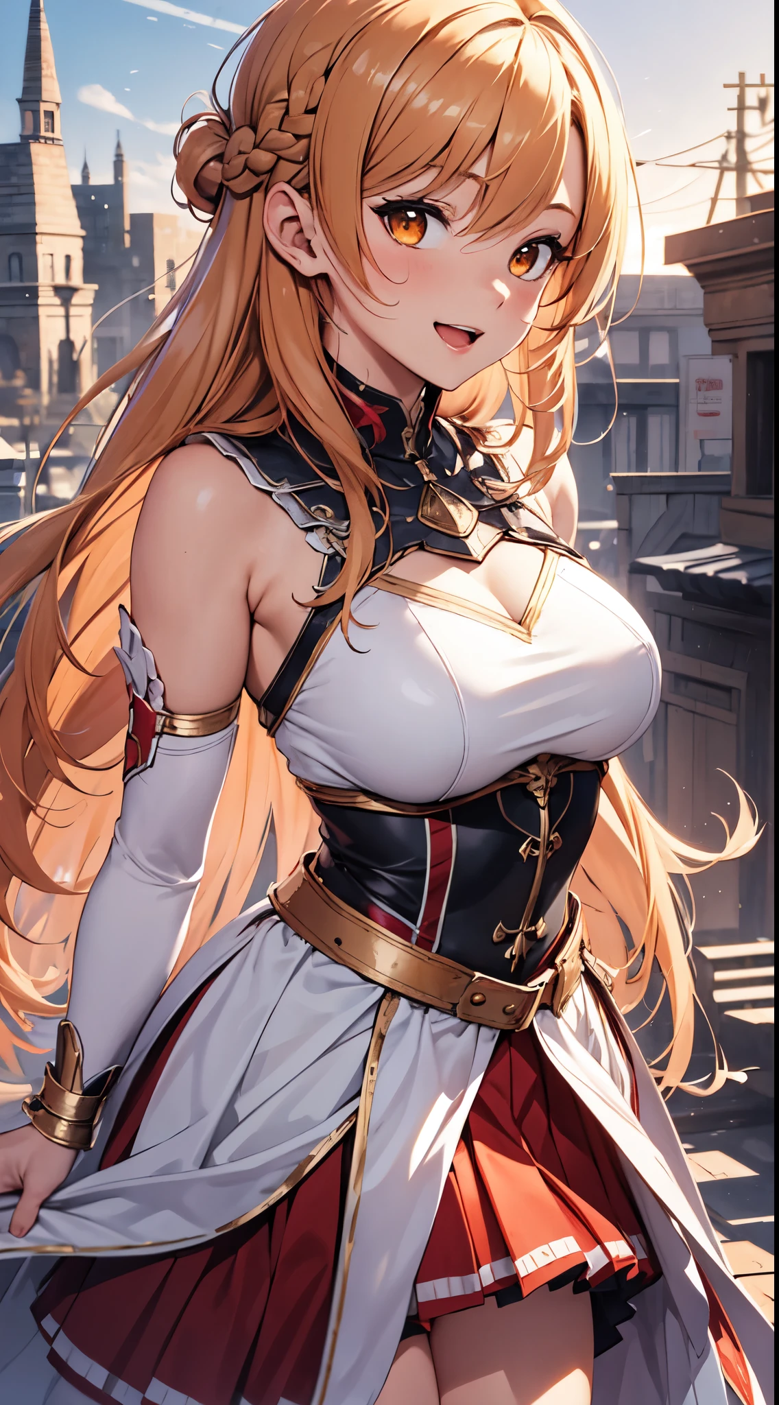 ​masterpiece, Best Quality, hight resolution, Arsna, Long hair, Orange hair, braid, Orange Eyes,(armsbehind back:1.4), Bare shoulders, armor, Western-style white and red Western armor,breastplates, White sleeves, Detached sleeves, Red skirt, Pleated skirt, white thighhig, Waving, Smile, Leaning forward, Open mouth, Town, Fantasy,