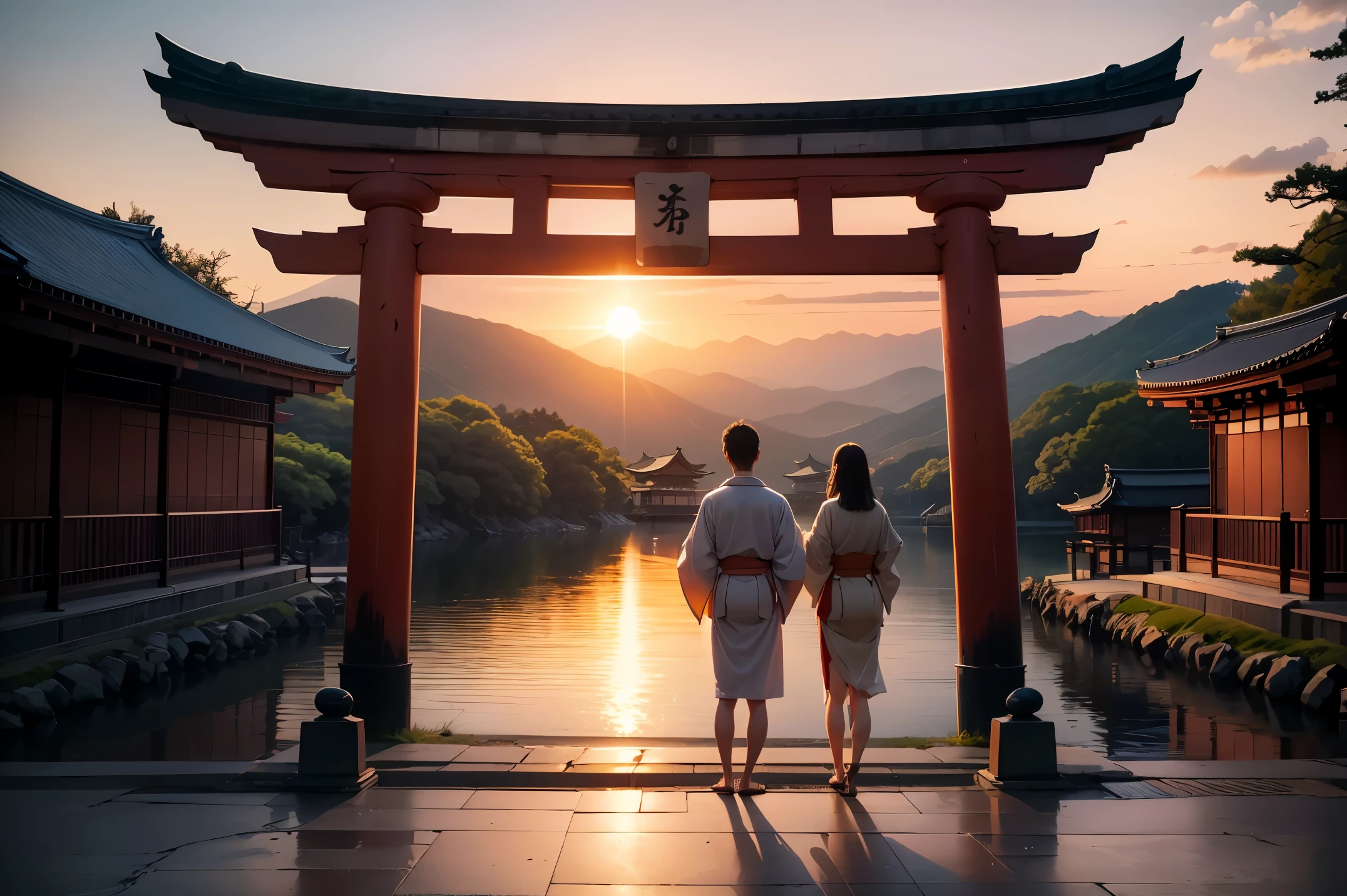 ((masterpiece, best quality, ultra detailed, very fine 8KCG wallpapers, absurdres, highres, high resolution)), landscape painting, yokohama city, fuji mountain and yokohama bay in the distance, iseyama kotai shrine, first sunrise, sunrise sky, torii, shrine, people wearing beautiful kimonos in the shrine grounds, go to shrine for new year visit,
