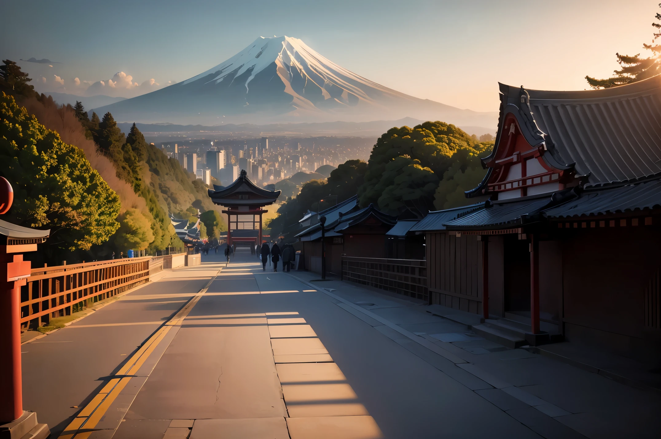((masterpiece, best quality, ultra detailed, very fine 8KCG wallpapers, absurdres, highres, high resolution)), landscape painting, yokohama city, fuji mountain and yokohama bay in the distance, iseyama kotai shrine, first sunrise, sunrise sky, torii, shrine, people wearing beautiful kimonos in the shrine grounds, go to shrine for new year visit,