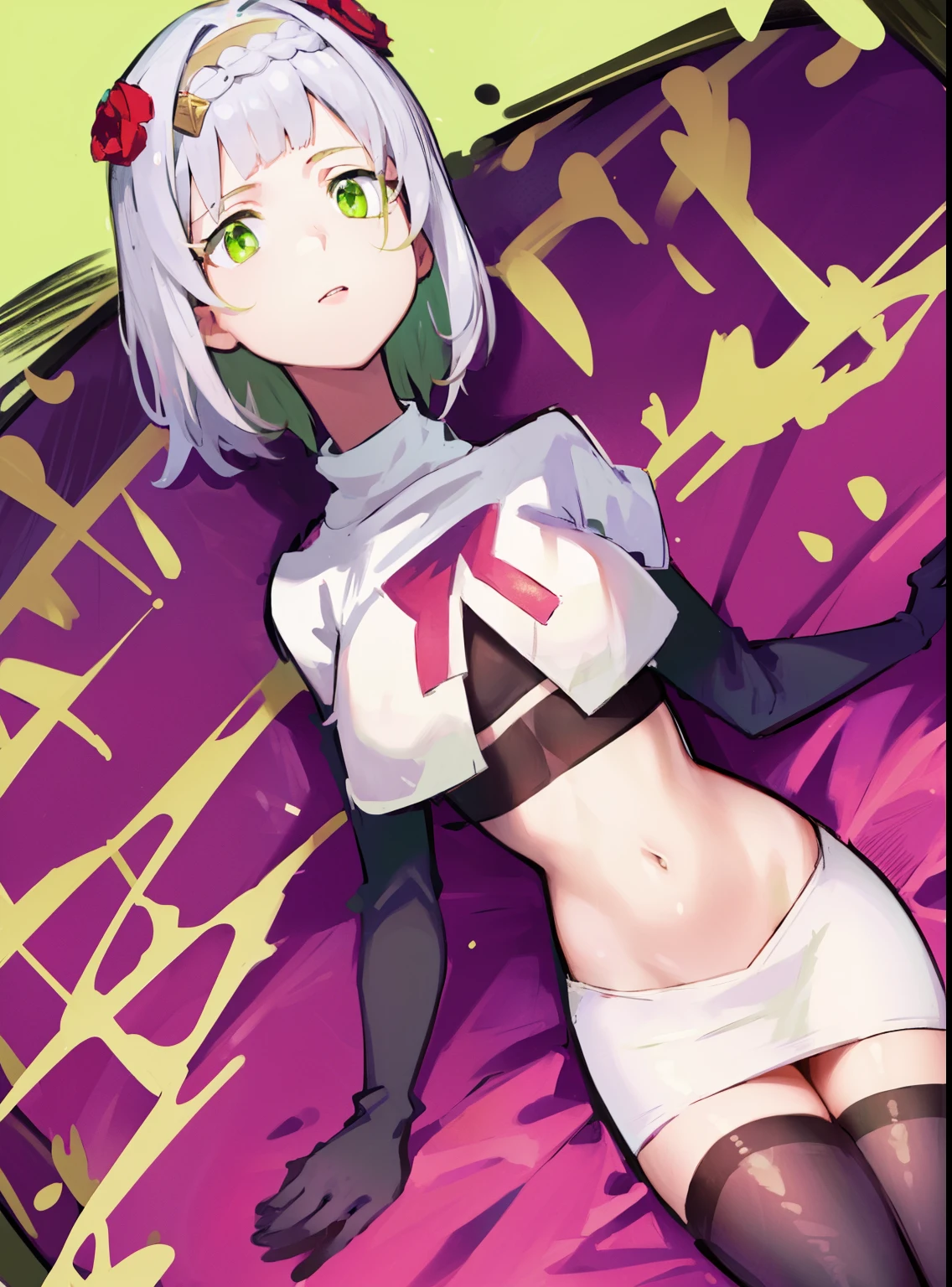 genshinnoelle, noelle, braid, flower, hair flower, hair ornament, short hair, silver hair, (green eyes:1.5),team rocket,team rocket uniform,white skirt,crop top,black thigh-high boots,black elbow gloves,