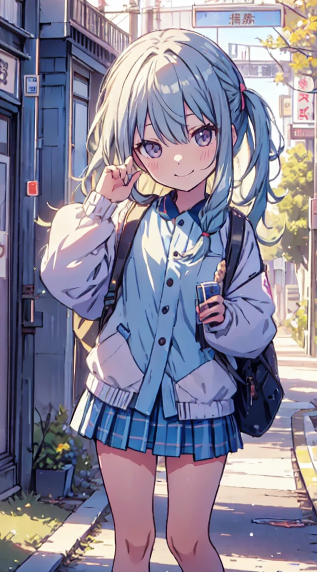 masutepiece, Best Quality,Illustration, Wallpaper, ultra -detail, 1loli、♡、Futomo、Strike a pose with a cheerful smile、校服、In the street