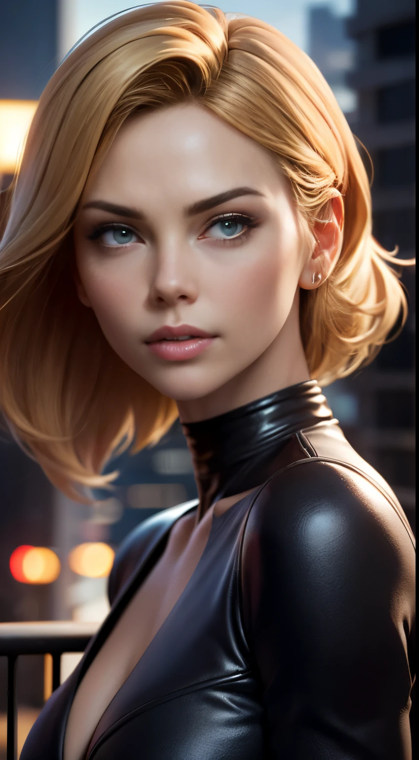a woman with fair skin, short white hair, beautiful detailed blue eyes, plump buttocks, glossy red lips, large dramatic black costume, (best quality,4k,8k,highres,masterpiece:1.2),ultra-detailed,(realistic,photorealistic,photo-realistic:1.37),dramatic lighting,chiaroscuro,oil painting,hyperrealistic,dramatic pose,ethereal,moody,cinematic