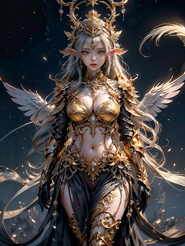 Elf woman in golden transparent dress,view the viewer,(((Seios Enormes, major cleavage))),big breasts thin waist,(navel-baring,Naked Wai girl in shining armor, Beautiful gold and silver armor, ighly detailed, tiaras and fine jewelry, long, shapeless hair, ultra-detailliert, Zhenyi Station, place of storm, detailed fantasy art, amazing character art, Beautiful and exquisite character art, Crystal Jewelry Filigree, milkyway, stunning visuals, (Dynamic streaks, Light traces:1.2), vivd colour, Cinematic lighting.