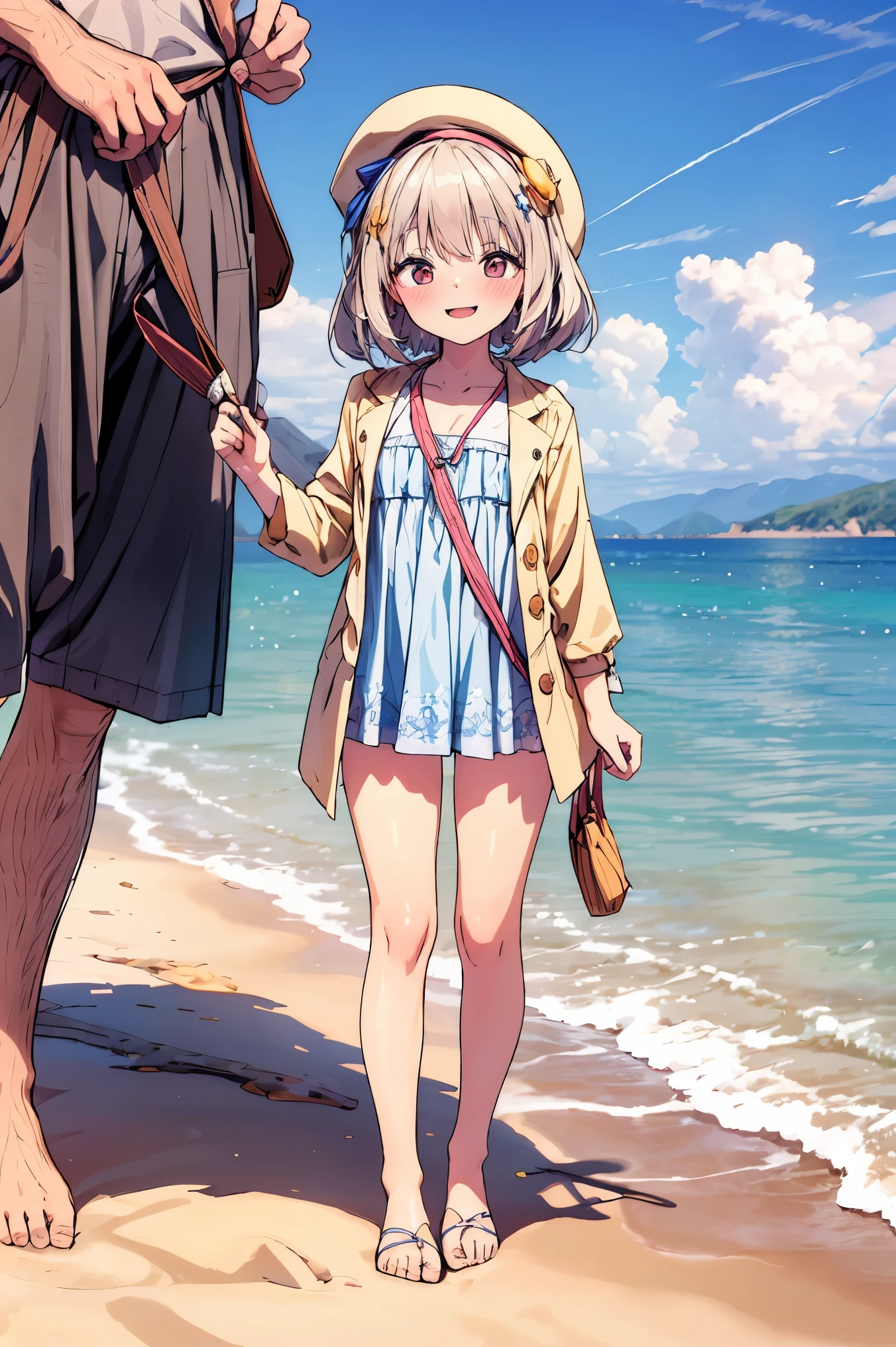 masterpiece, (age difference, size difference, faceless man standing behind, father and daughter), 1girl, nikkeanis, hair ornament, beret, full body, blush, gentle smile,  (smile, open mouth:0.8), White summer costume, straw fedora hat, Bare legged, beach, seaside, sunlight