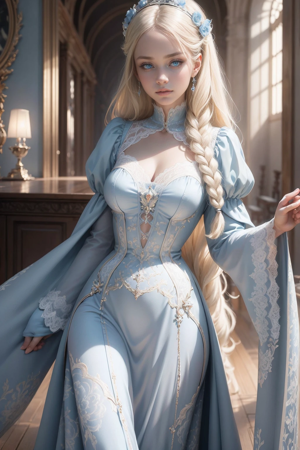 { - erro de anatomia}(Masterpiece - Ultra-Detailed, High Resolution) Prepare to be enchanted by a true masterpiece that combines ultra-detailed art with high-resolution rendering. This work shows a mesmerizing girl with long blonde hair (1.3) and captivating light blue eyes (1.2), emanating an aura of elegance and mystery. The intricate details and realistic textures invite you to explore every aspect of this enchanting composition. Girl wearing classic Victorian costumes. Light blue dress. Backwards, looking back Get ready to dive into a world where beauty and craftsmanship merge perfectly.